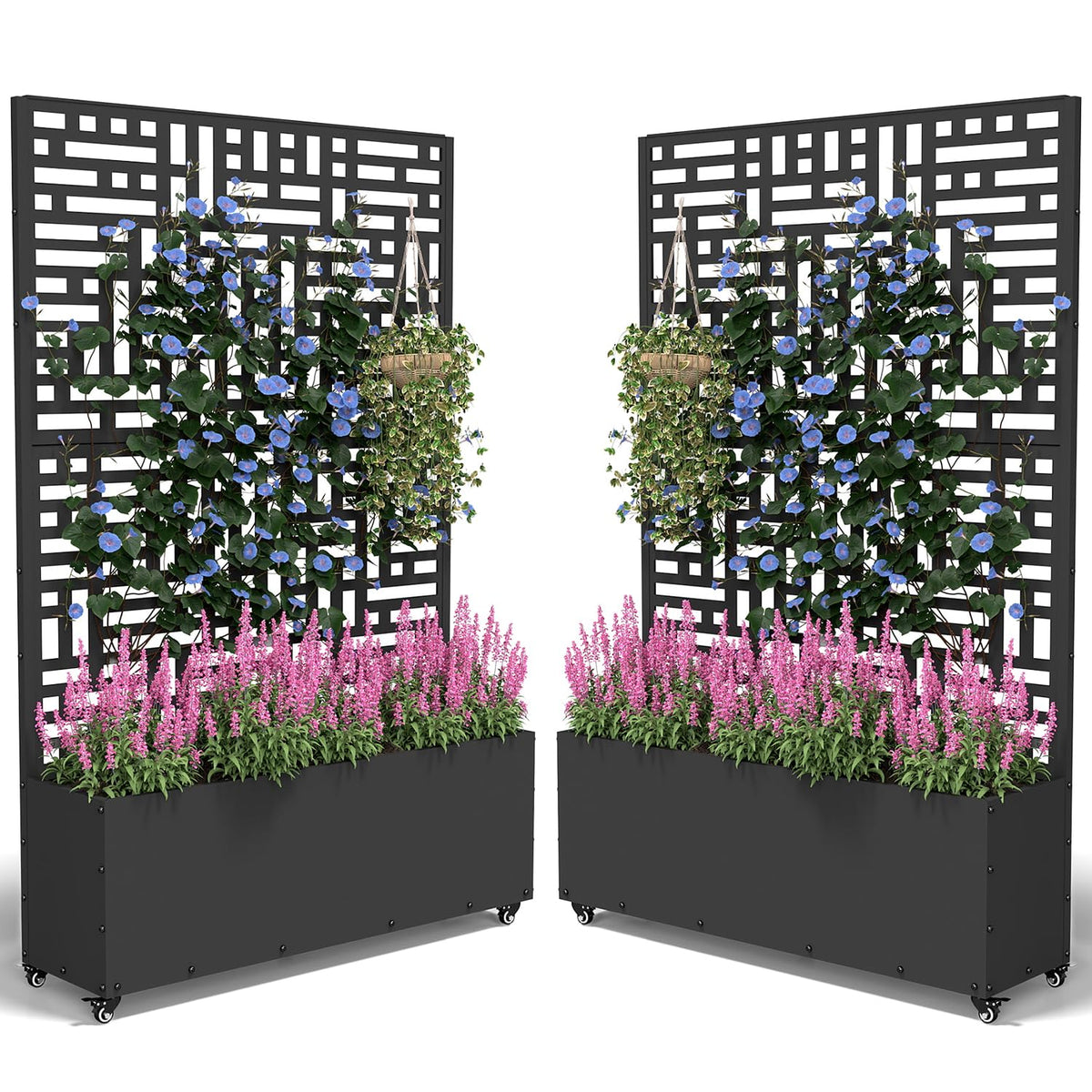 FOLAWO Metal Planter Box with Trellis,70.9"x47.2"x15.7" Raised Garden Bed with Drainage Holes, Privacy Planters for Outdoor Garden Bed for Climbing Plants,Vegetables,and Vines,2PCS,Black-Modular