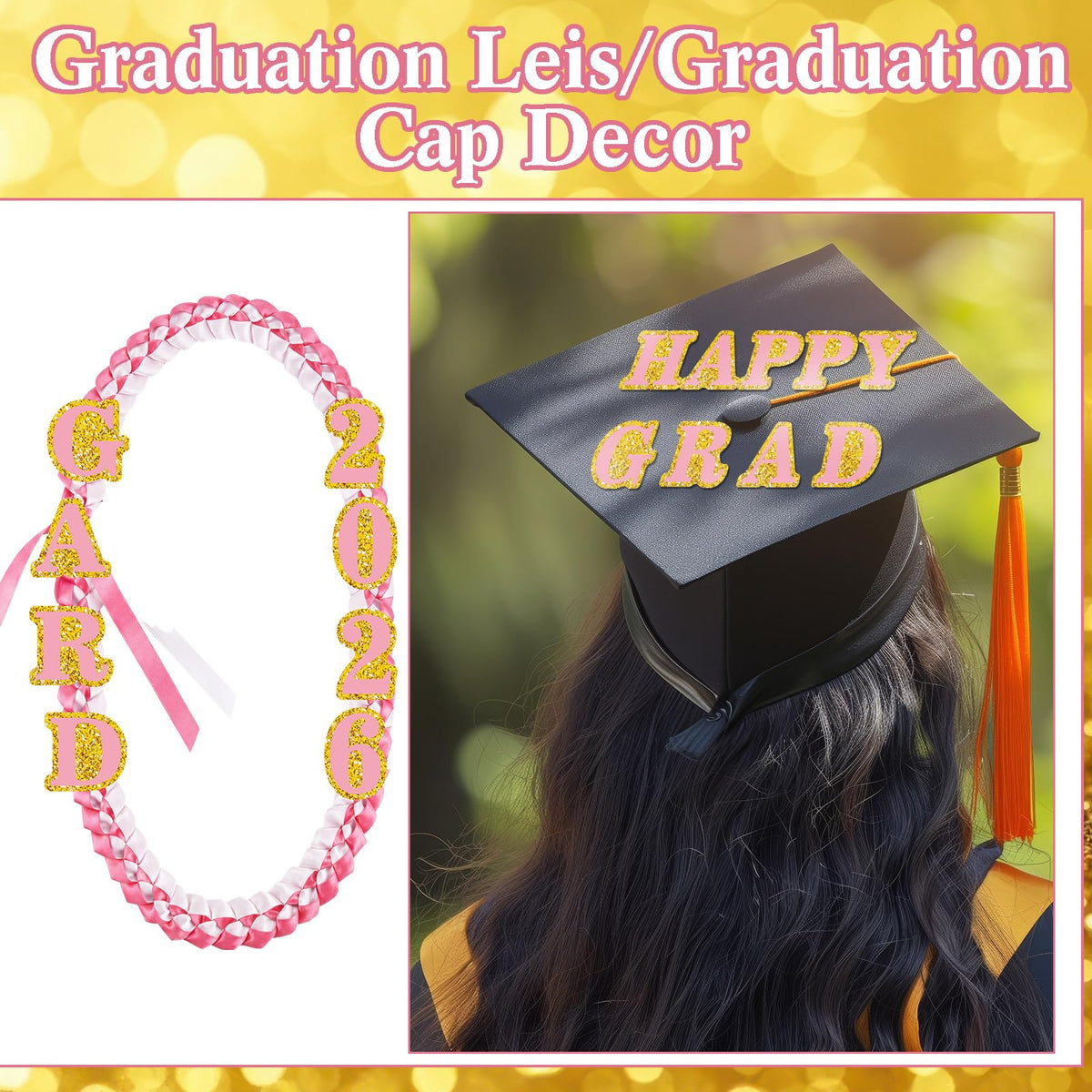 FunooFuno 72 Pcs Glitter 2026 Graduation Letters Numbers Cardstock Shiny Crafts Alphabet with Adhesive Dots for Graduation Trifold Photo Board Grad Leis Homecoming Mums DIY Supplies(Pink Gold)