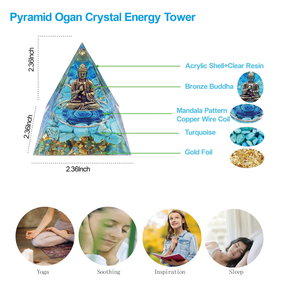 ycyingcheng Moonstone Crystal Orgone Pyramid, Turquoise Ogan Crystal Energy Tower, Bronze Statue Buddha Sculpture Crystal Pyramid for Home Decor (Crystal Pyramid-23)