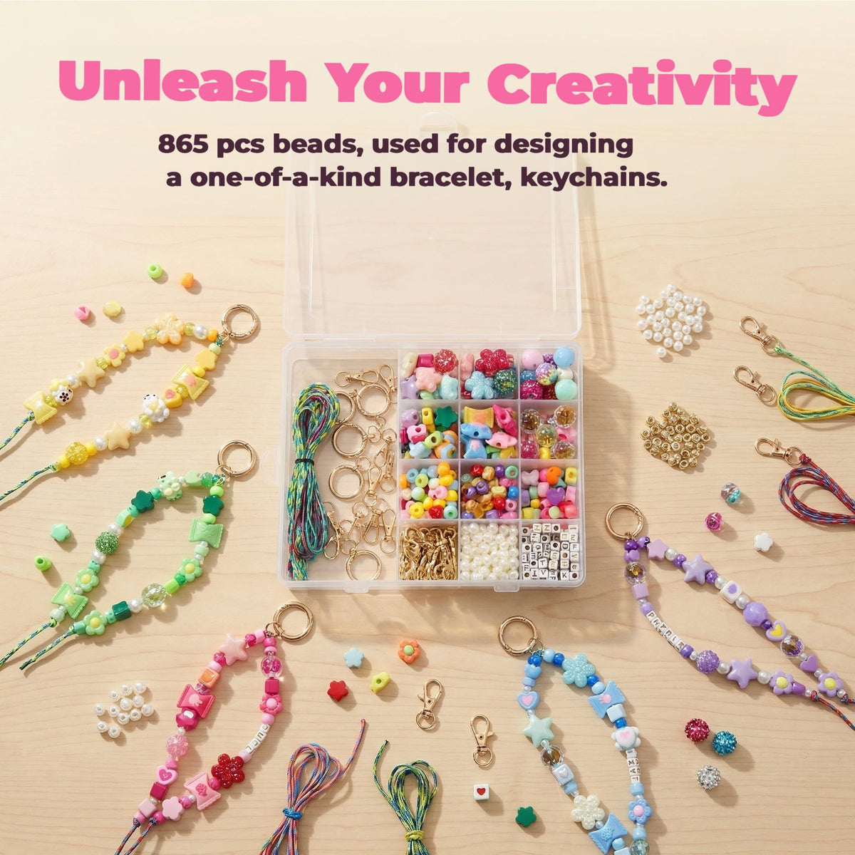 DIY Bag Charm Kit Keychain Makinhg Kit Acrylic Keychain Charms 865pcs Jewerly Making Kit Birthday Gift, Phone Charm Gift for Girls and Boys Friendship Bracelet Kit