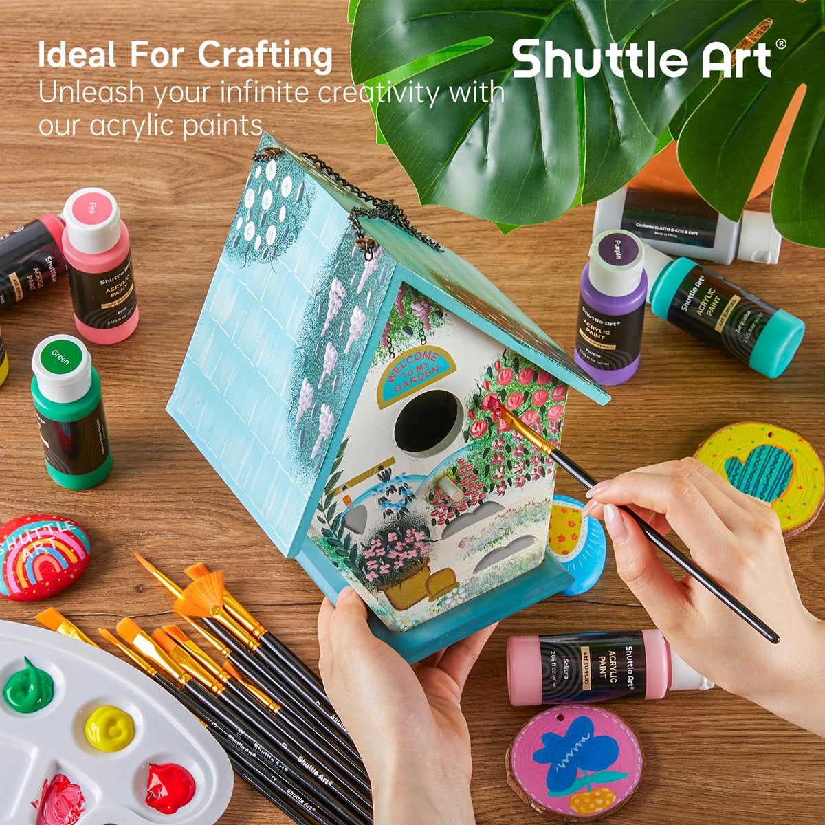 Shuttle Art Acrylic Paint, 36 Colors Acrylic Paint Set with Brushes & Palette, 2oz/60ml Bottles, Rich Pigments Non-toxic for Artists Kids & Adults, Painting on Canvas Rocks Ceramic Wood