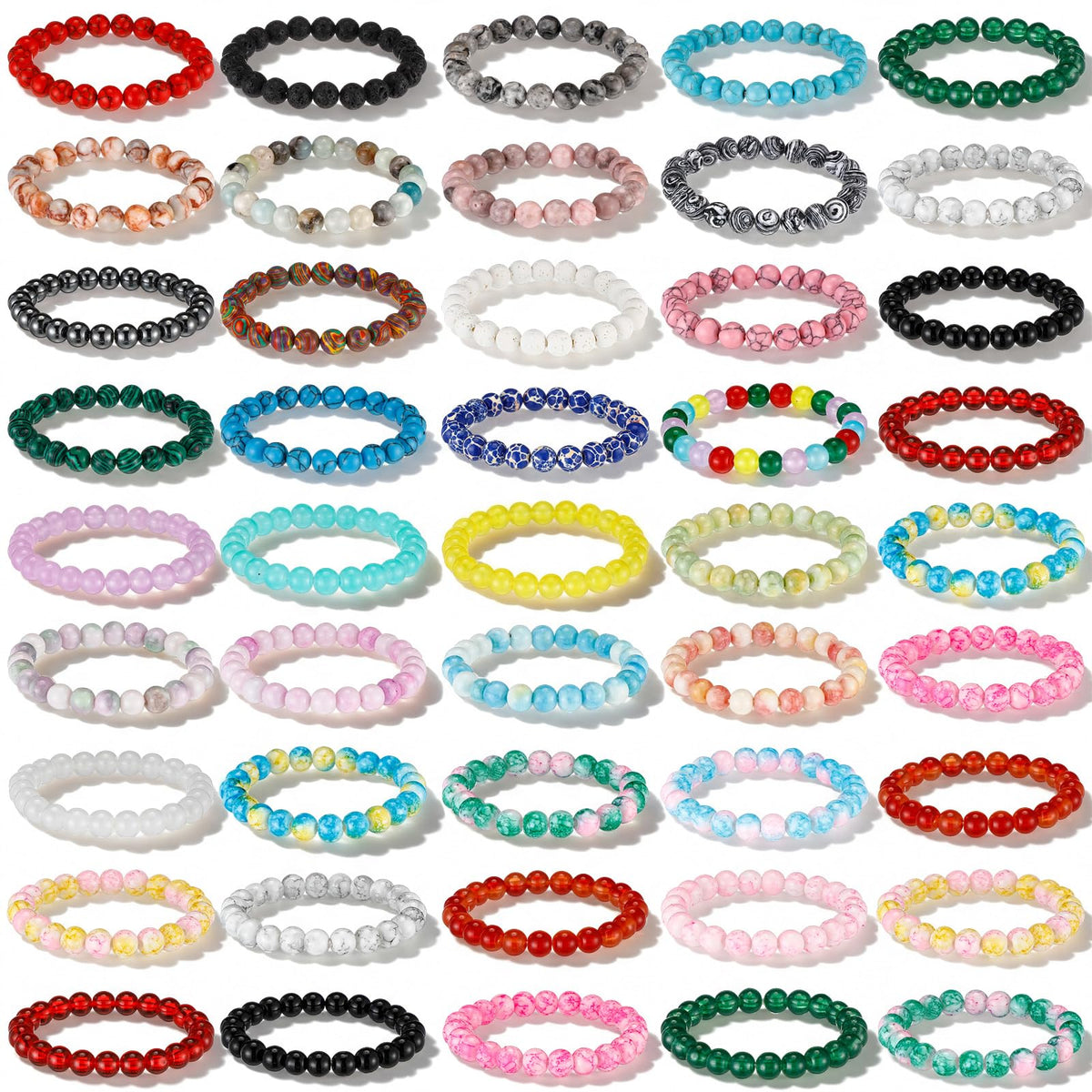Landical 48 Pcs 8mm Round Beaded Bracelets for Women Men Semi Precious Gemstones Bracelets Crystal Stone Bracelet for Unisex