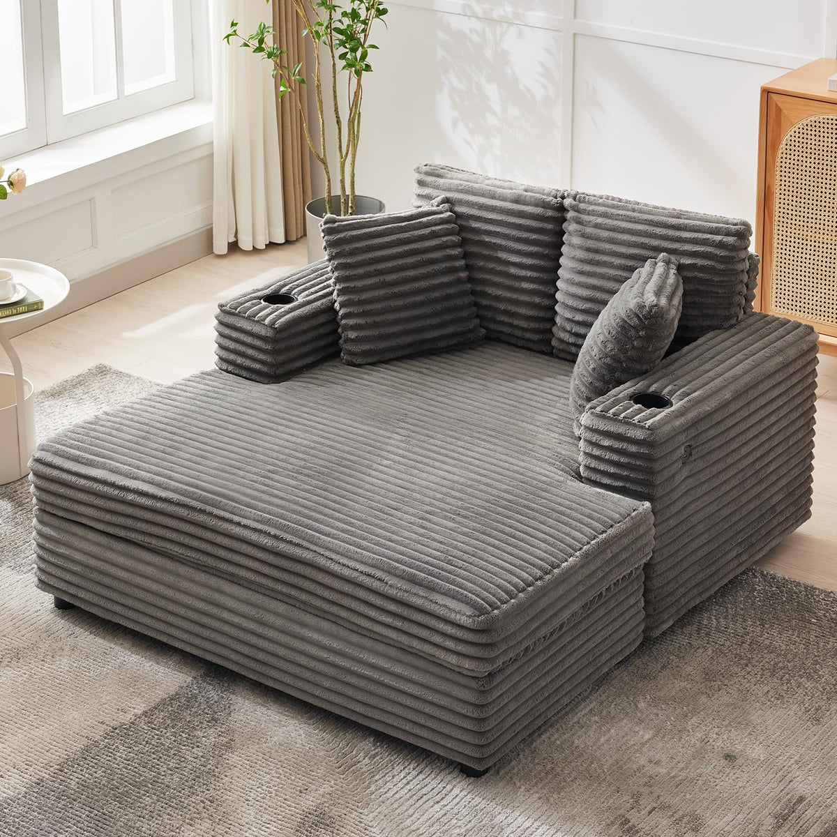 Garvee 60" Oversized Chaise Lounge Chair Indoor, Corduroy Upholstered Sleeper Sofa Bed w/Cup Holder & Charging Port, Cloud Couch Sofa Chair w/Throw Pillows & Wide Arms for Living Room, Bedroom, Gray