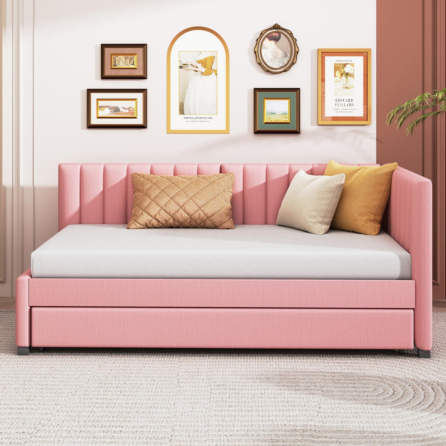 ACQCA Twin Size Upholstered Linen Daybed with Trundle,Semi-Closed Design,Solid Wood Bed Frame,W/Backrest and Slat Support,No Box Spring Needed,for Apartment Bedroom,Pink