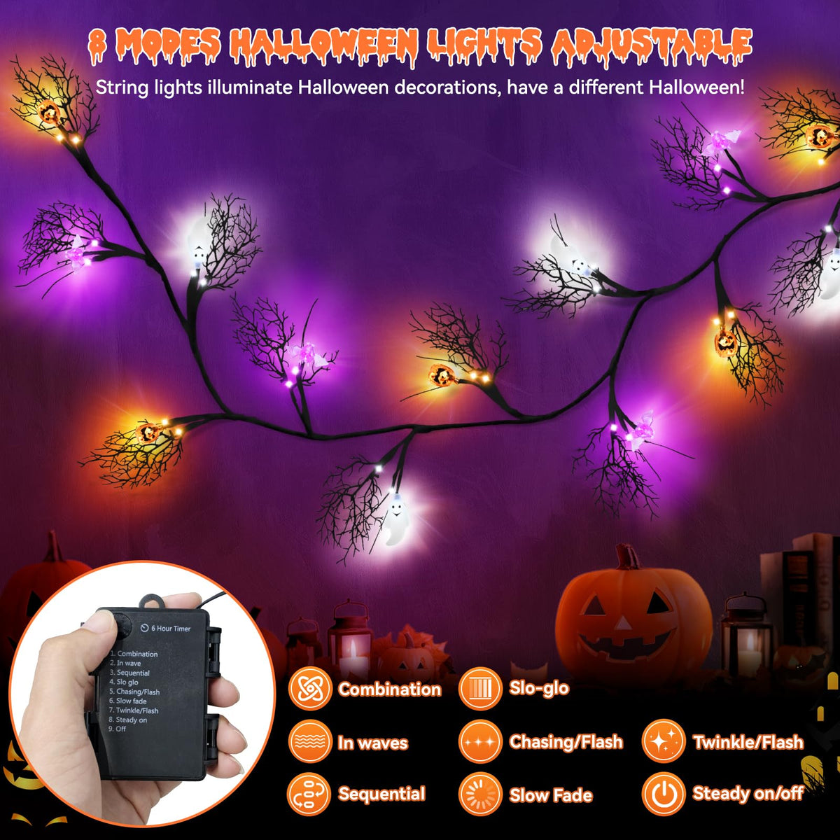 6 FT 54 LED Halloween Lights, 8 Modes & Timer Battery Operated Halloween Pumpkins Bats Ghosts Lights with Willow Vine Twig, 3D Waterproof Decorations Lights for Indoor Wall Party Fireplace Mantle