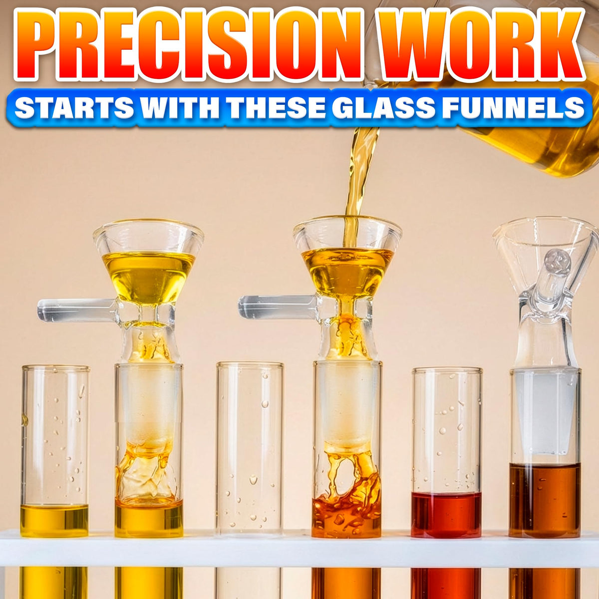 12-Pack 14mm Glass Funnel with Handle – Thick Spill-Resistant Clear Glass Funnels for Liquids and Oils – Easy Pouring, Ergonomic Handle for Kitchen & DIY Projects | 2 Cleaning Brushes for Easy Clean