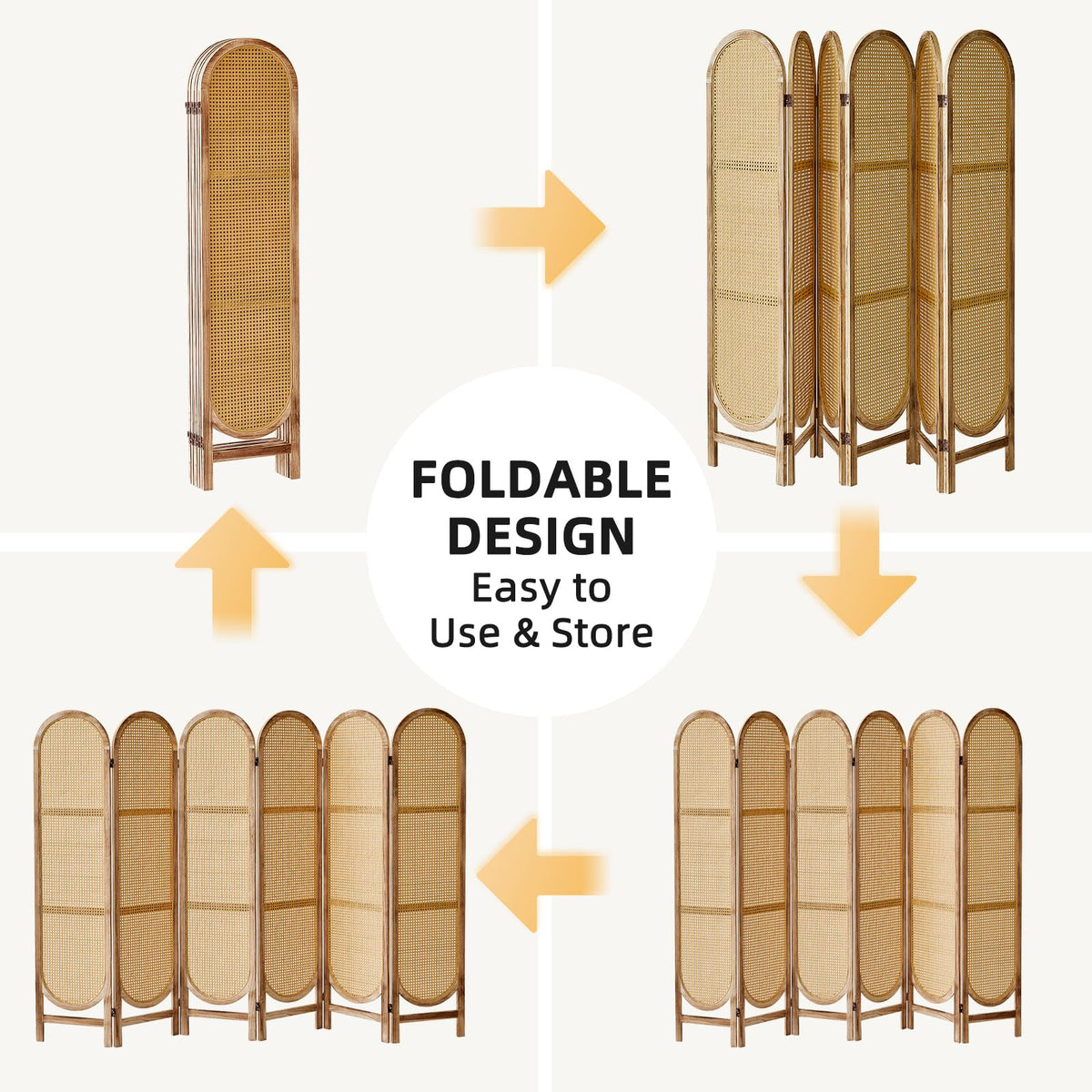 Asnefeli 6 Panels Room Divider, Foldable Wooden Room Divider, Individual Privacy Screen Made of Hand-Woven Rattan, Portable Wall Divider for Home Office Bedroom Bathroom Dressing Room (Natural)