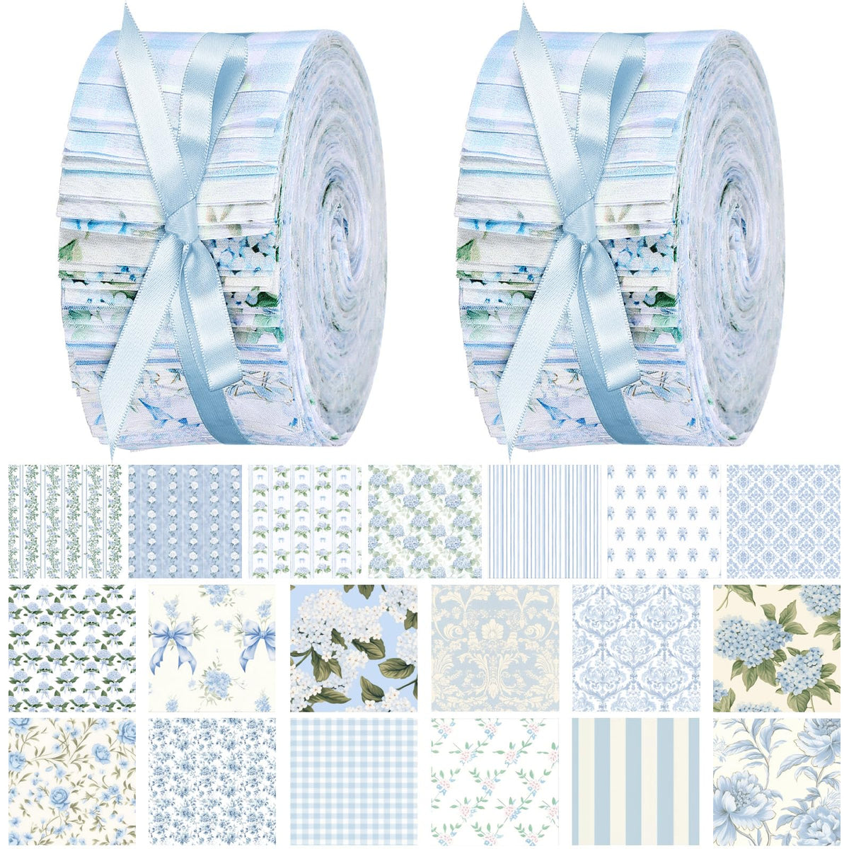 Remagr 100 Pcs Blue Floral Fabric Strips for Quilting Roll 20 x 2.5 Inch Cotton Spring Florals Fabric Bundles Flower Quilting Precut Patchwork Roll for Quilters Sewing Cloth Quilt DIY Crafts Supplies