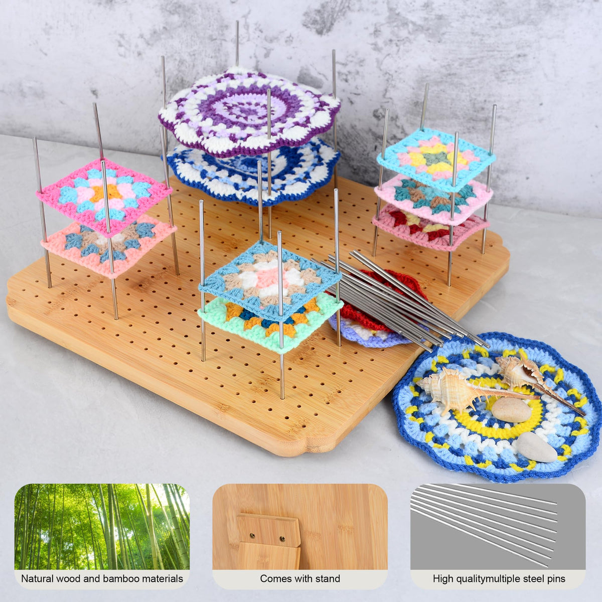 BLELEYLL 13" Crochet Blocking Board with 15 Pegs/Pins,Granny Square Blocking Board,Blocking Boards for Crochet Projects,Wooden Crocheting Accessories Gifts for Crocheters.