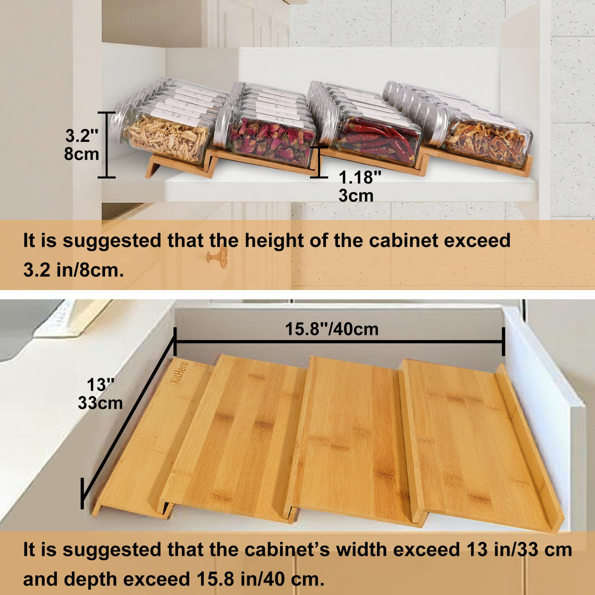 KitHero Spice Drawer Organizer with 28 Spice Jars and 216 Labels,Non-slip Rubber, Bamboo 4 Tier Spice Racks Tray Seasoning Containers for Kitchen Drawers,Cabinets,Countertops,13" Wide * 15.8" Deep
