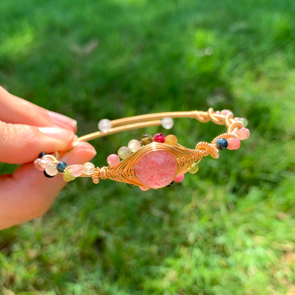 Handmade Genuine Strawberry Rose Quartz& Rainbow Tourmaline Beads 14k Gold Filled Wire Wrapped Bracelet, Birthstone Chakra Healing Gemstone Crystal Adjustable Bangle Cuff Jewelry Gift for Women