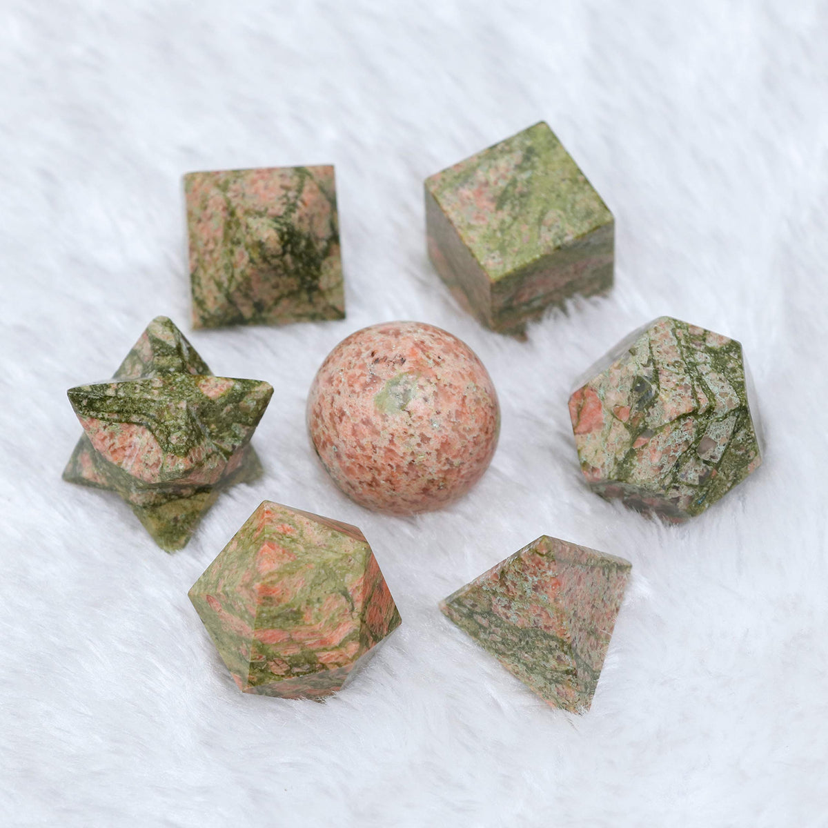 Crocon Unakite 7Pcs Platonic Solids Crystal Geometry Set, Platonic Solids Sacred Geometric Stones for Meditation Reiki Balancing Healing Chakra Stone Cleansing Spiritual Good Luck (15-20 mm)