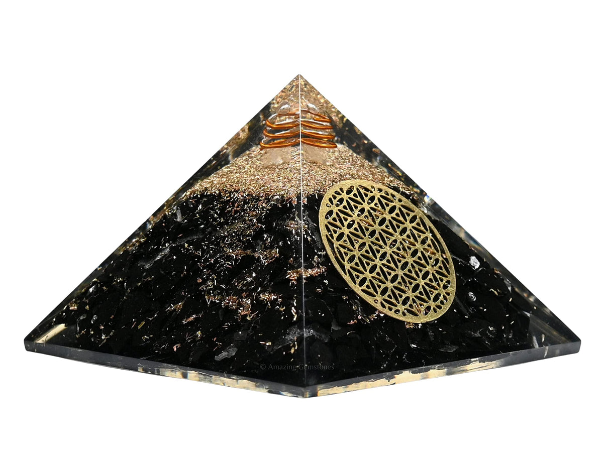Amazing Gemstone Large Black Tourmaline Orgone Pyramid Crystal, Flower of Life Orgonite Pyramid - Positive Energy Healing