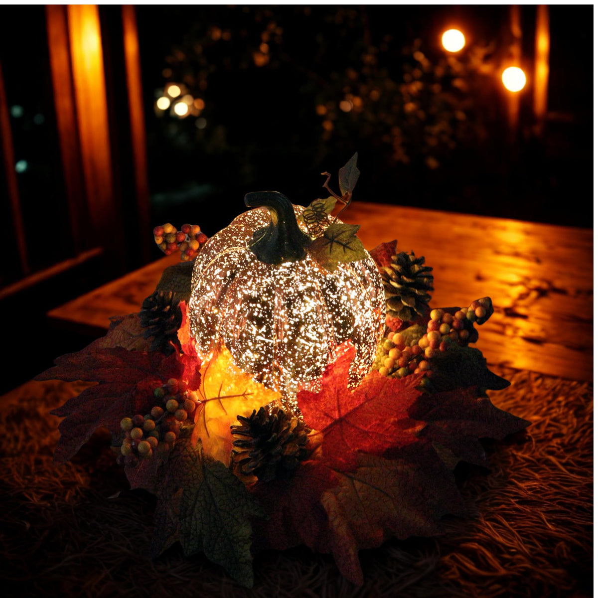 Lighted Pumpkin Fall Decor – LED Thanksgiving Decoration with Faux Maple Leaves, Berries, and Pinecones, Autumn Harvest Centerpiece for Table, Indoor and Outdoor Home Display