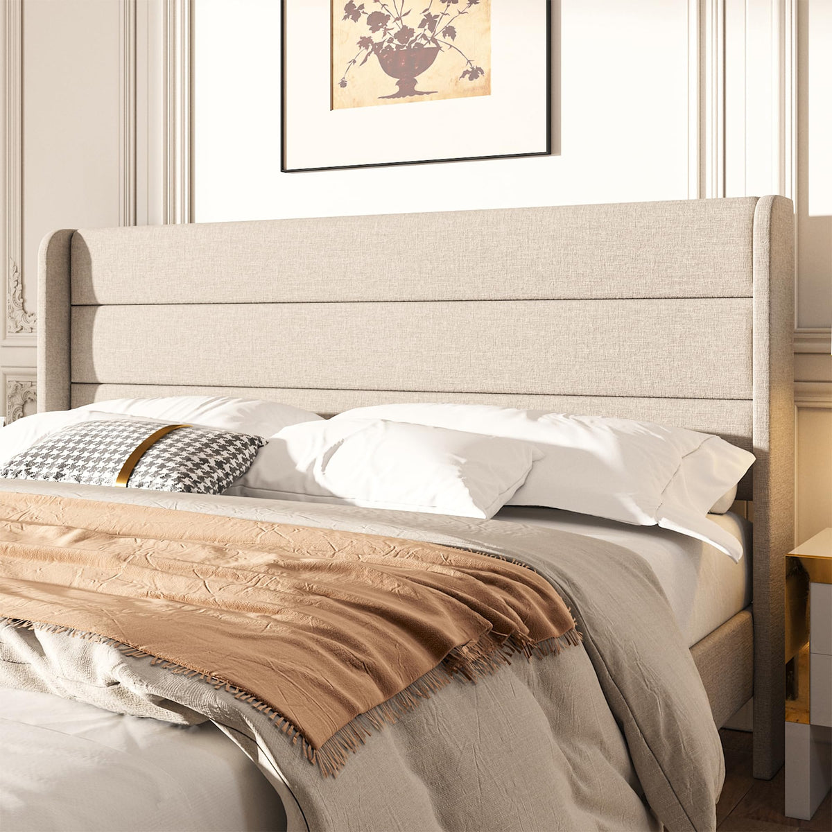 Mxhtcewz Queen Size Upholstered Platform Bed Frame, Modern Linen Fabric Bed with Wingback Headboard, Sturdy No Wobble, Noise-Free & Easy Assembly, No Box Spring Needed, Beige