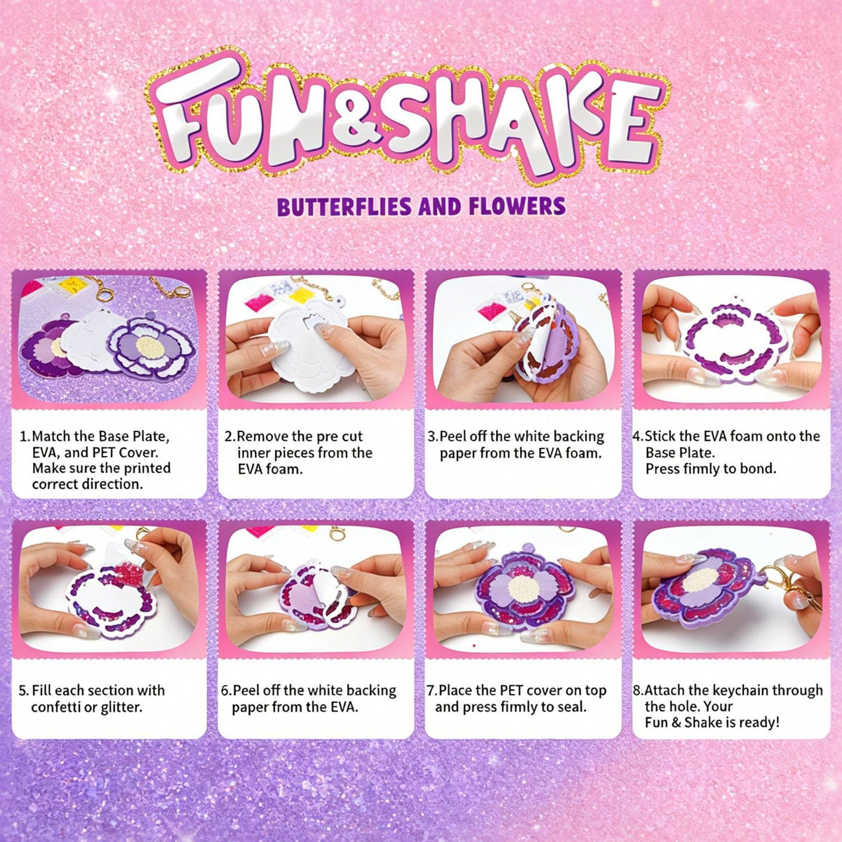 BYTEWAR Shake & Sparkle Arts and Crafts for Kids - 10 Pcs DIY Butterfly & Flower Keychain Making Kit with Glitter, Fun Sensory Craft Toys, Birthday Gifts for Girls Ages 4, 5, 6, 7, 8, 9+