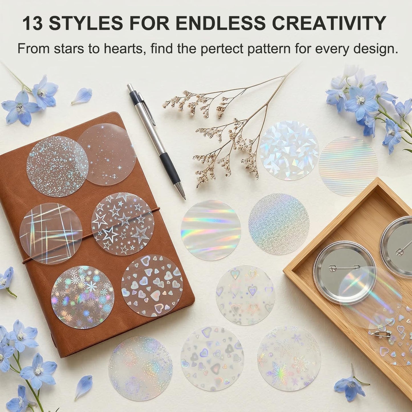 DAWZMR 390 Pcs Holographic Badge Film (13 Styles), Glitter Button Making Supplies for 2.25 Inch 58mm Machine, Round Badge Protective Film (Stars, Hearts, Broken Glass)