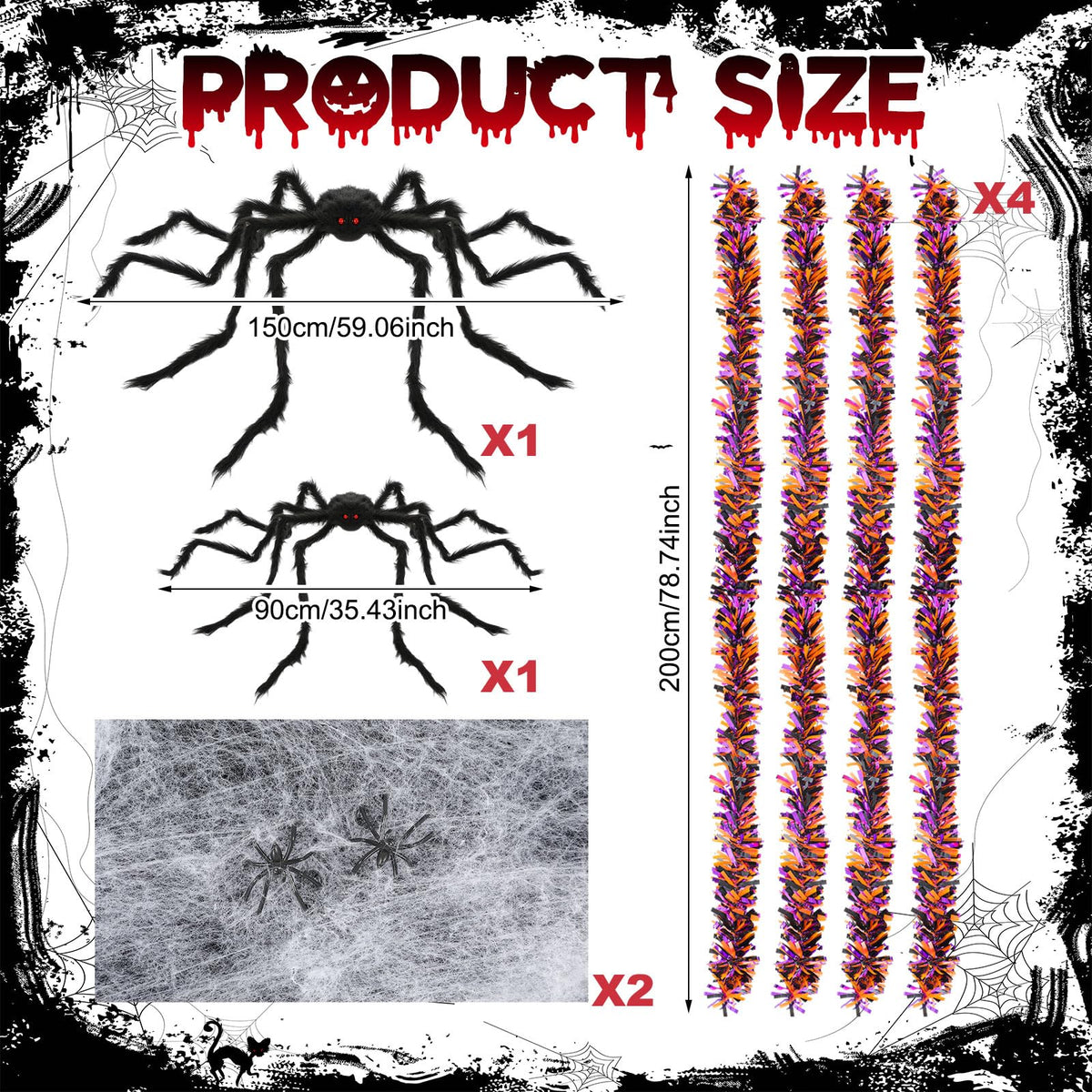 WinnerWhy Halloween Golf Cart Decorations Kit 2 Pcs Giant Spider 4 Pcs Orange Black Purple Garlands with 2 Pack Spider Webs Spooky Golf Cart Decor for Halloween Trunk or Treat Parade