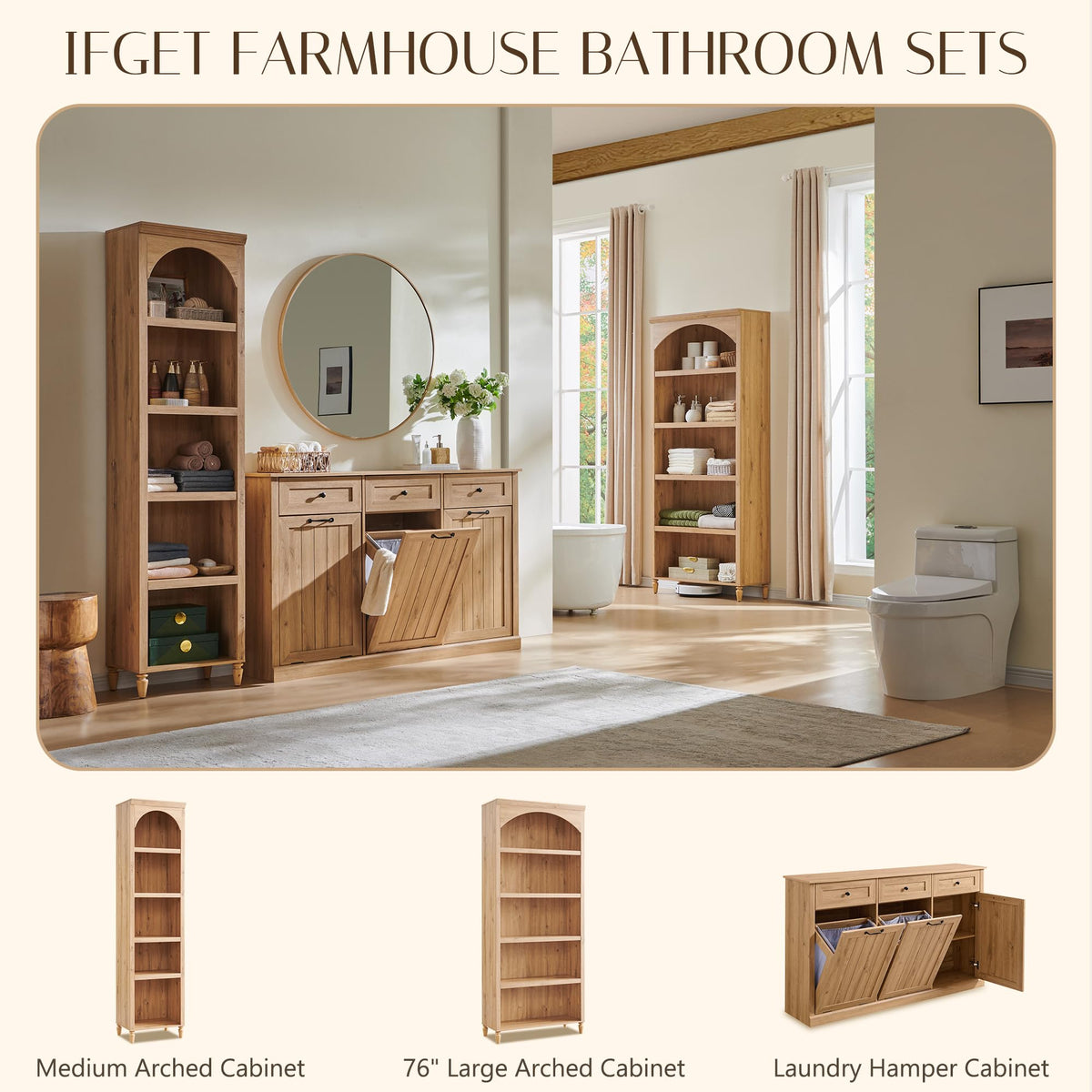 IFGET Triple Tilt Out Trash Can Cabinet, 20 Gallon Farmhouse Laundry Hamper Cabinet w/3 Drawers & Adjustable Shelf, Hidden Wooden Trash Can Cabinets with Storage Basket for Kitchen (Natural)