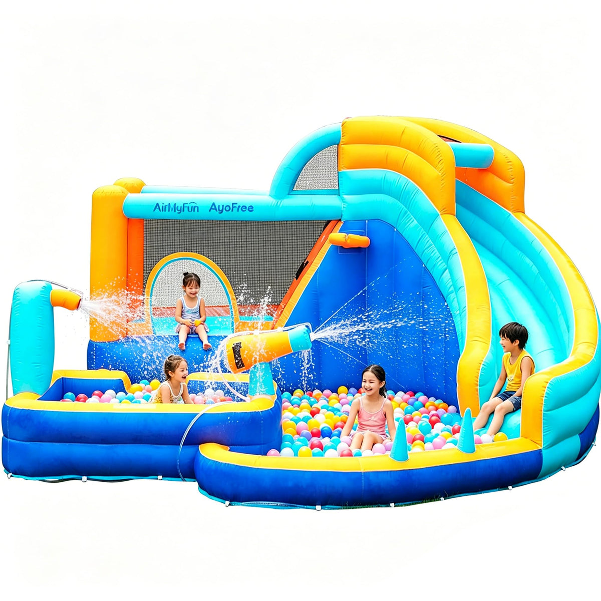 AirMyFun Inflatable Bounce House Water Slide with Curved Slide & Ball Pit Splash Pool - Kids Outdoor/Indoor Water Play Center for Backyard, Birthday Parties - Includes Basketball Hoop & Blower