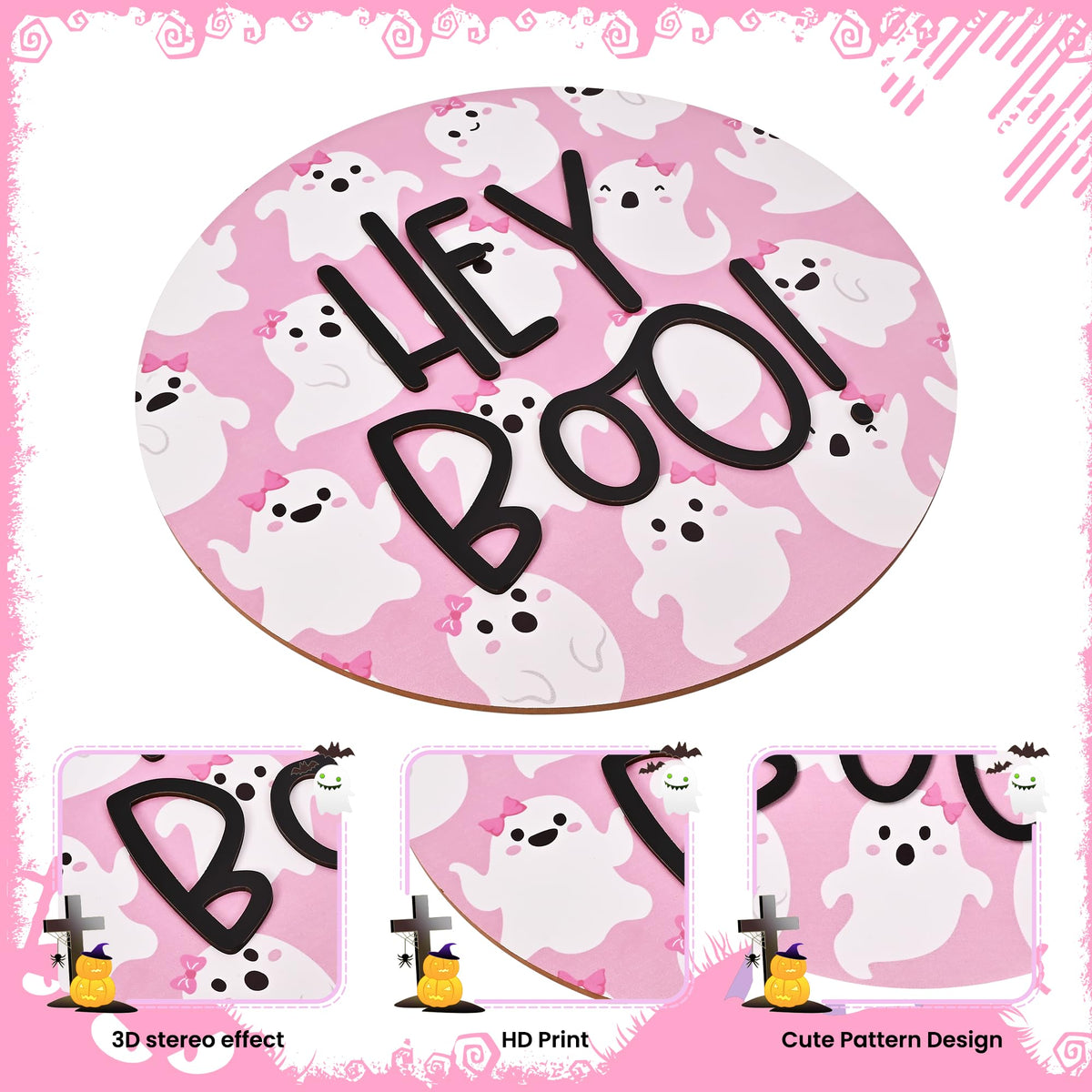 Frugtfrit Pink Halloween Hey Boo Door Decor, 3D Pink Ghost Wood Welcome Sign for Front Porch, Halloween Wreath for Little Boo Baby Shower, Playhouse