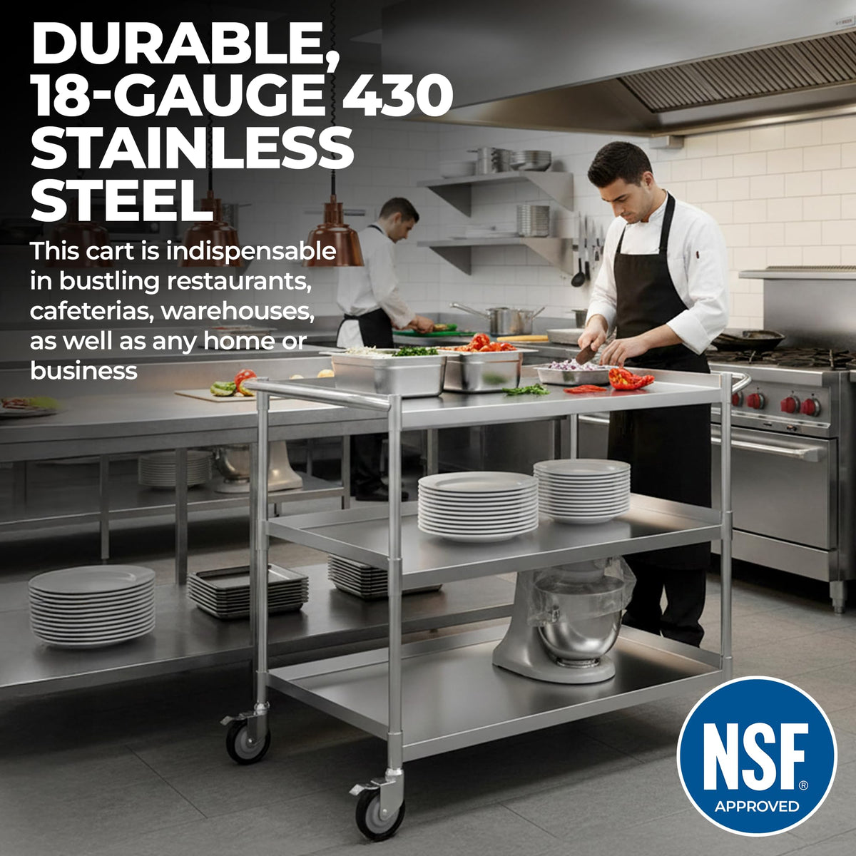 3 Shelf Stainless Steel Tubular Utility Cart | Metal Utility Cart on Wheels with Handle | NSF Certified | (15" Wide X 24" Long X 33" High)