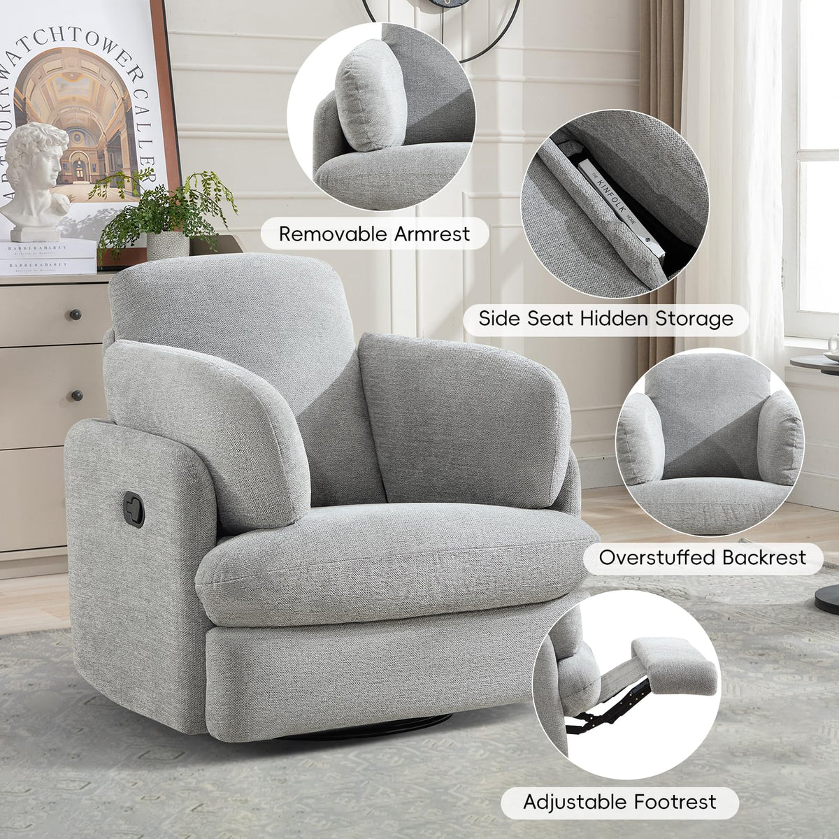 Bonzy Home Manual Recliner Chair, 360°Swivel Rocker Recliner Chair for Adults, Overstuffed Nursery Rocking Reclining Sofa with 2 Pillows and Hidden Storage, Light Grey