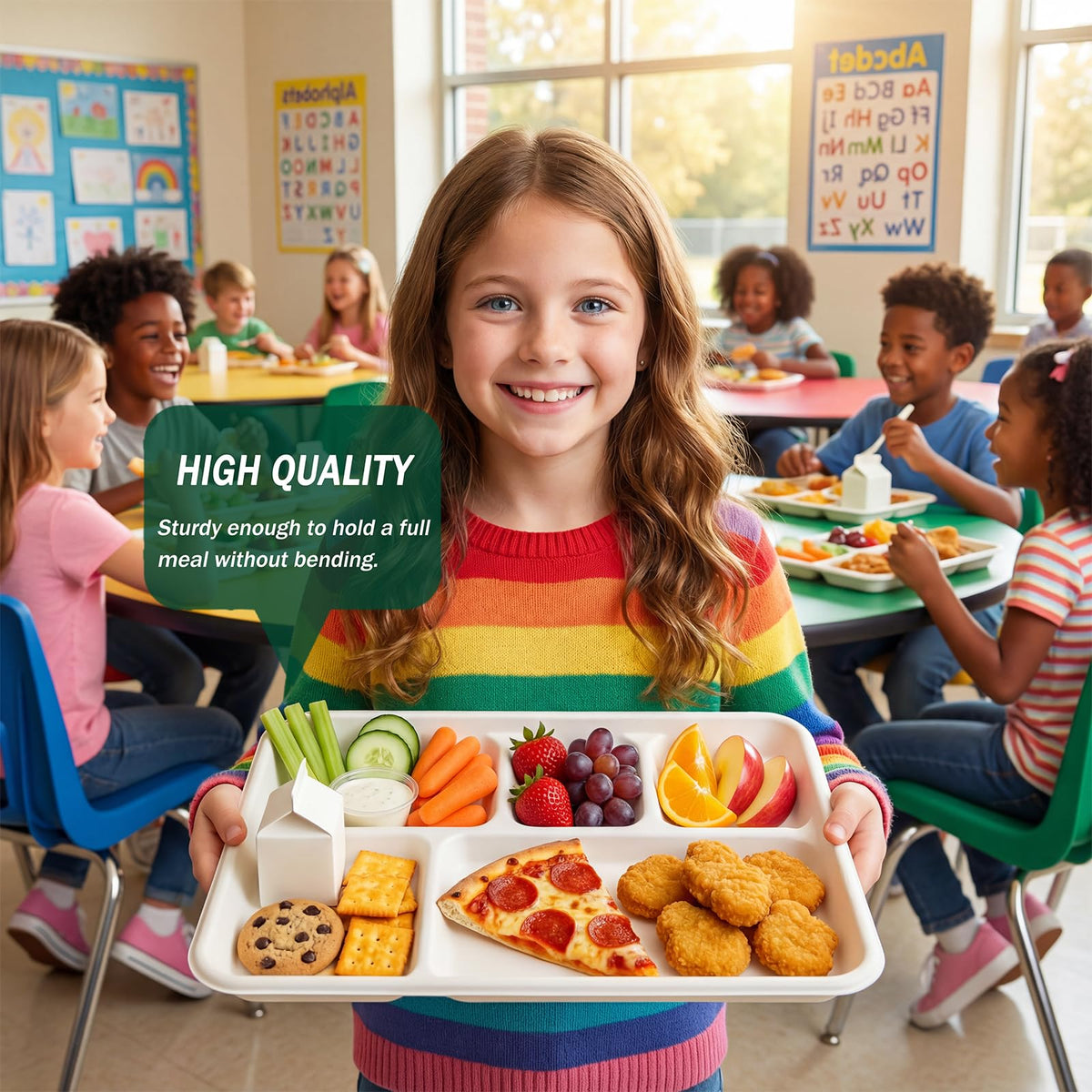 Tinybee 100% Compostable 5 Compartment Paper Plates 12.5 * 8.6 Inch [100-Pack] Large Heavy Duty Divided Disposable Eco-Friendly Bagasse Plates Lunch Trays for Buffet/Party/School (BPI-Certified) White