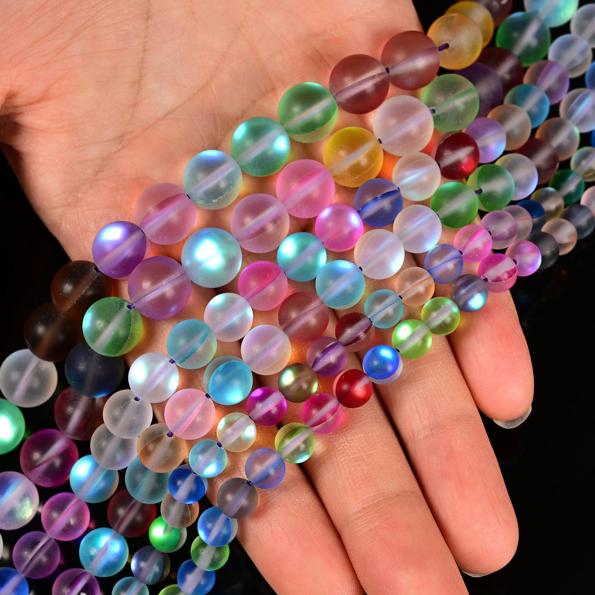 6mm Matte Mixed Color Mermaid Aurora Crystal Glass Bead, Glitter Round Synthetic Moonstone Beads for Jewelry Making Bracelets