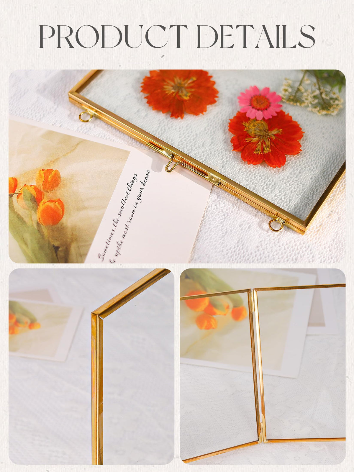 REDHUGO Glass Pressed Flower Frames,Vintage Hanging Picture Frames with Chain,Handmade Brass Floating Picture Frame,Plant Specimen Wall Ornament Display Artwork DIY Family Photo,Square,Gold,4x4 Inches