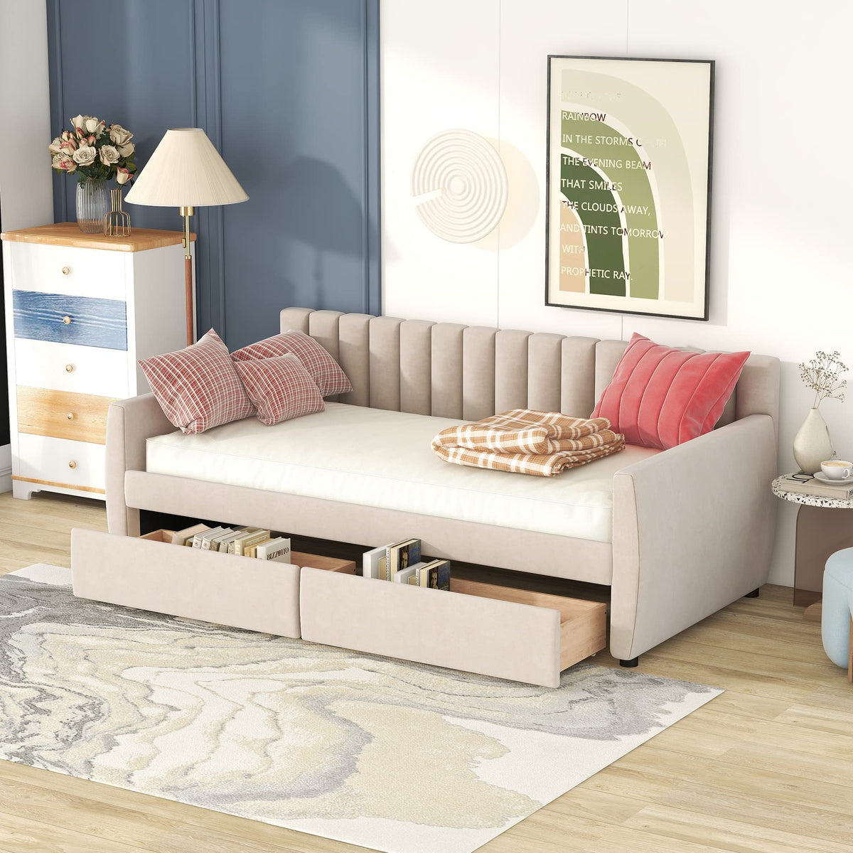 YOPTO Velvet Upholstered Twin Daybed with Two Storage Drawers, Solid Wooden Sofa Bed Frame w/Vertical Stripes Designed Backrest and Pine Legs, Space-Saving Design