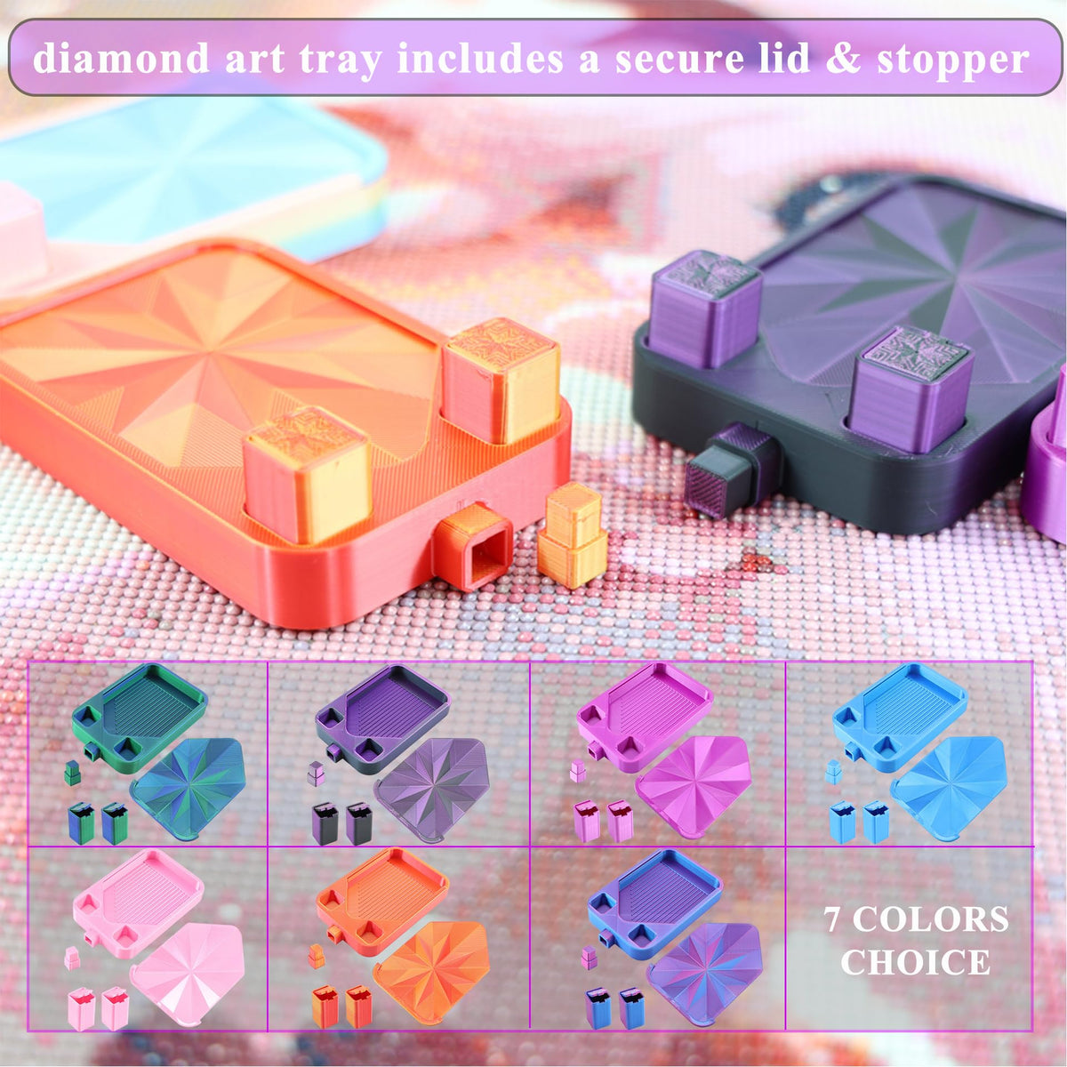 Diamond Painting Tray with Lid and Tweezer, Rhinestone Storage Tray with Lid & 2 Storage Bucket Design, Easy Pour Bead Tray, Diamond Art Kits for Adults, Diamond Art Accessories Tools (Black Purple)