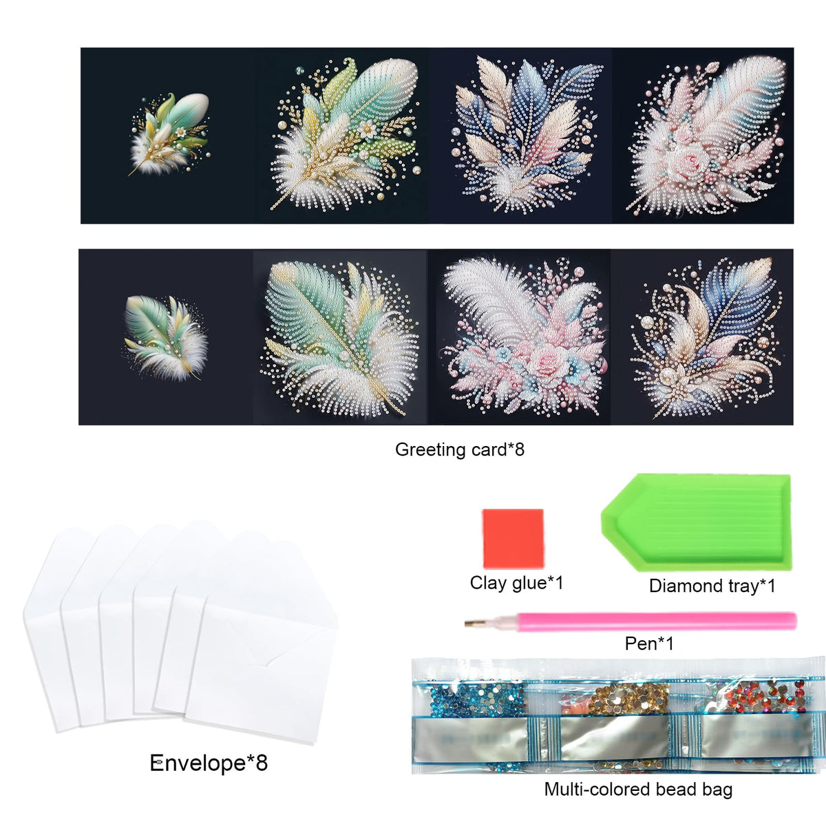 TDFERAN 6 Pack DIY Diamond Painting Greeting Cards Assortment with Envelopes Diamond Art Kits for Adults Blank Cards Cards for All Occasions Thank You Baby Wedding and More Note Cards Feather