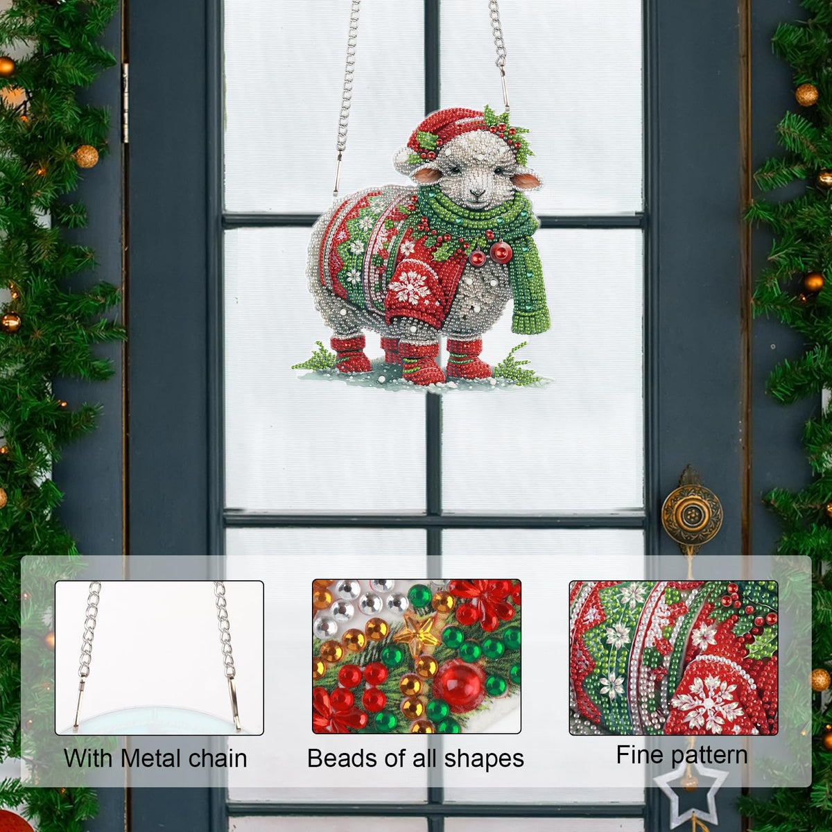 Focart 5D DIY Acrylic Special Shaped Diamonds Painting Hanging Pendant Kits, Christmas Sheep Diamond Art Hanging Window Pendant Ornament for Home Decoration and Gift