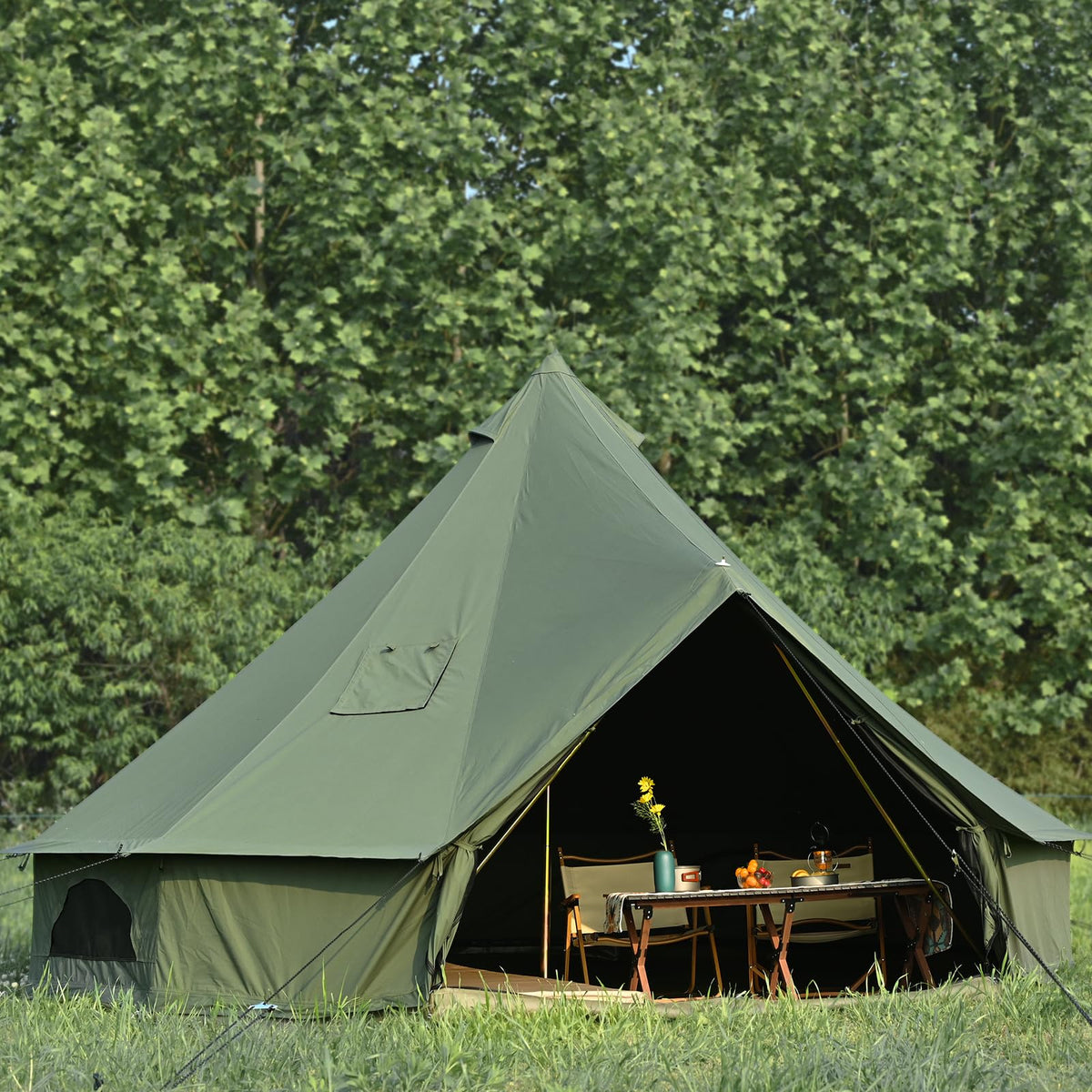 WaldZimmer Canvas Bell Tent 16.4ft Green with Stove Jack and Zipped Removable Floor, Luxury Outdoor Glamping Yurt Cotton Tent for Family Truck Car Camping Hunting Party