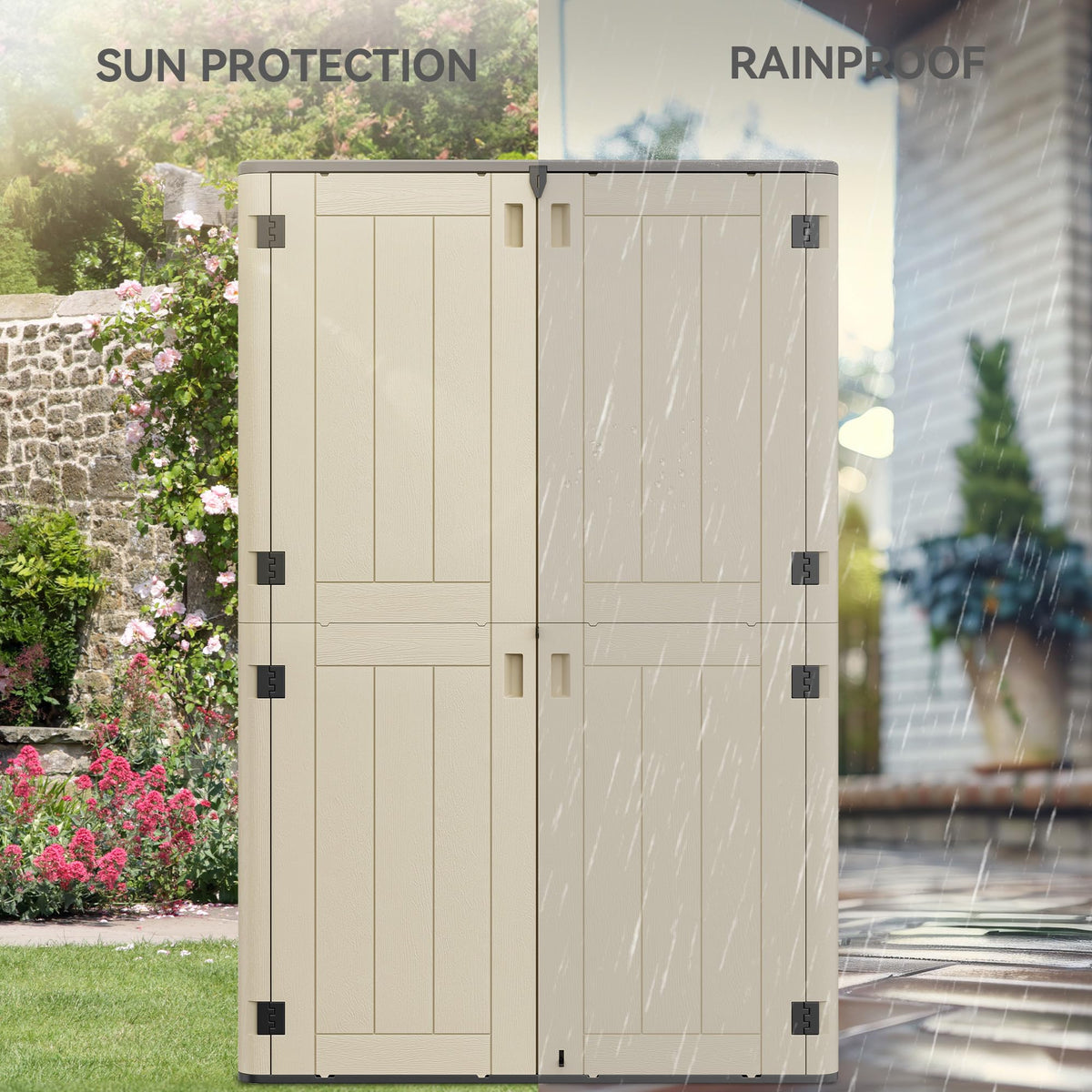 YITAHOME 60 cuft Vertical Outdoor Storage Shed w/o Shelf, Large Waterproof Storage Cabinet for Garden Shed, Tall Outdoor Storage Shed for Garage, Pool Storage, Resin, Lockable, Khaki & Brown