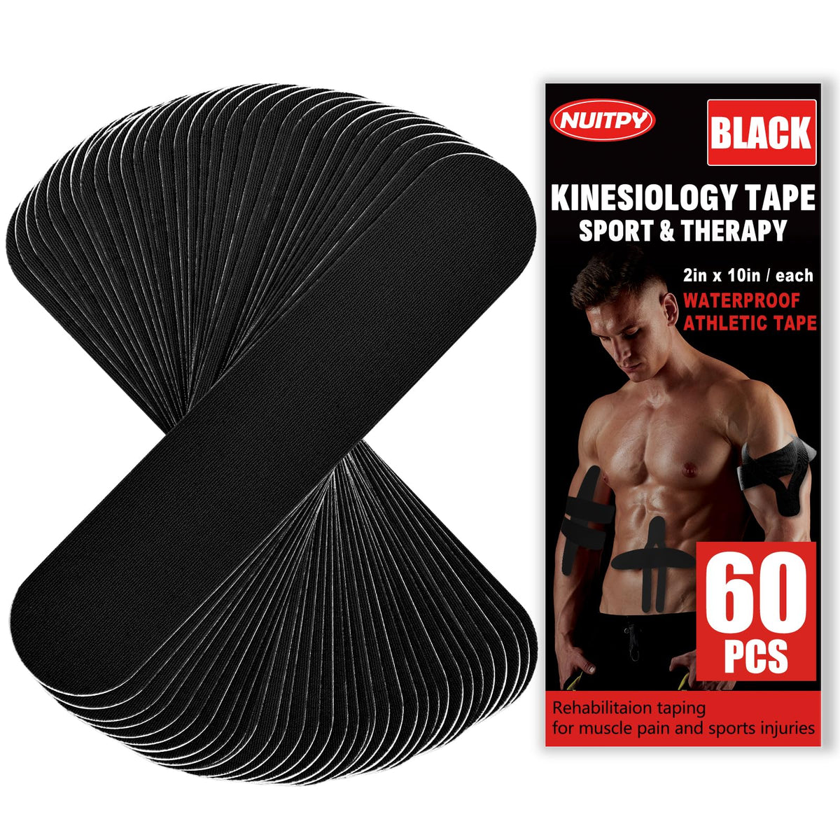 60PCS Precut Kinesiology Tape Strips, 2 inch x 10 inch Athletic Tape, Kinetic Tape, Elastic Muscle Tape, Sports Tape, Knee Tape for Exercise and Daily Use - Black