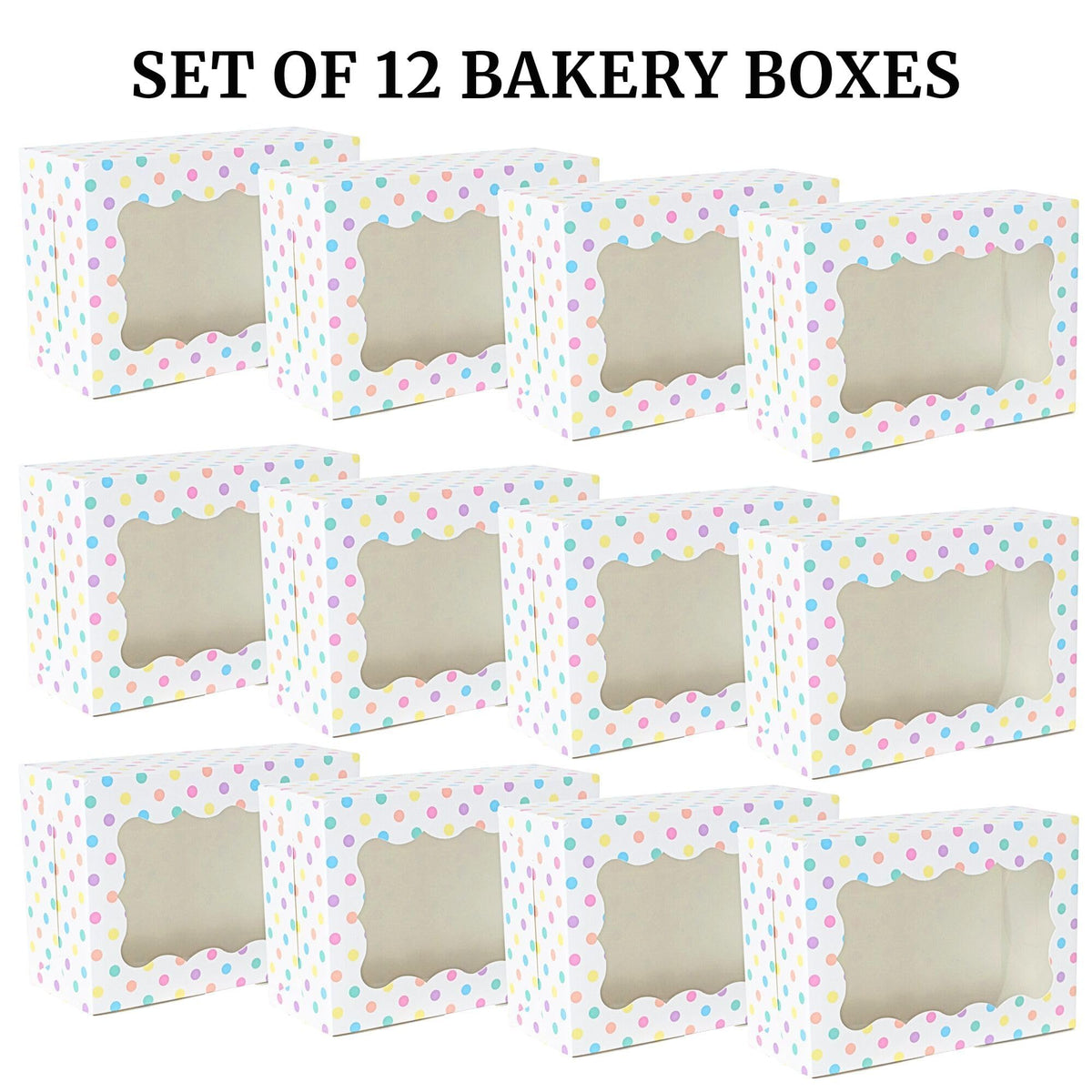 Perfect Occasion Polka Dot Cookie Boxes - 12 Pack - Pastel Polka Dot Cookie Boxes with Window - for Easter, Birthdays, Cupcakes, Pastries - Large Size Easily Fits a Dozen Cookies - 12 pcs