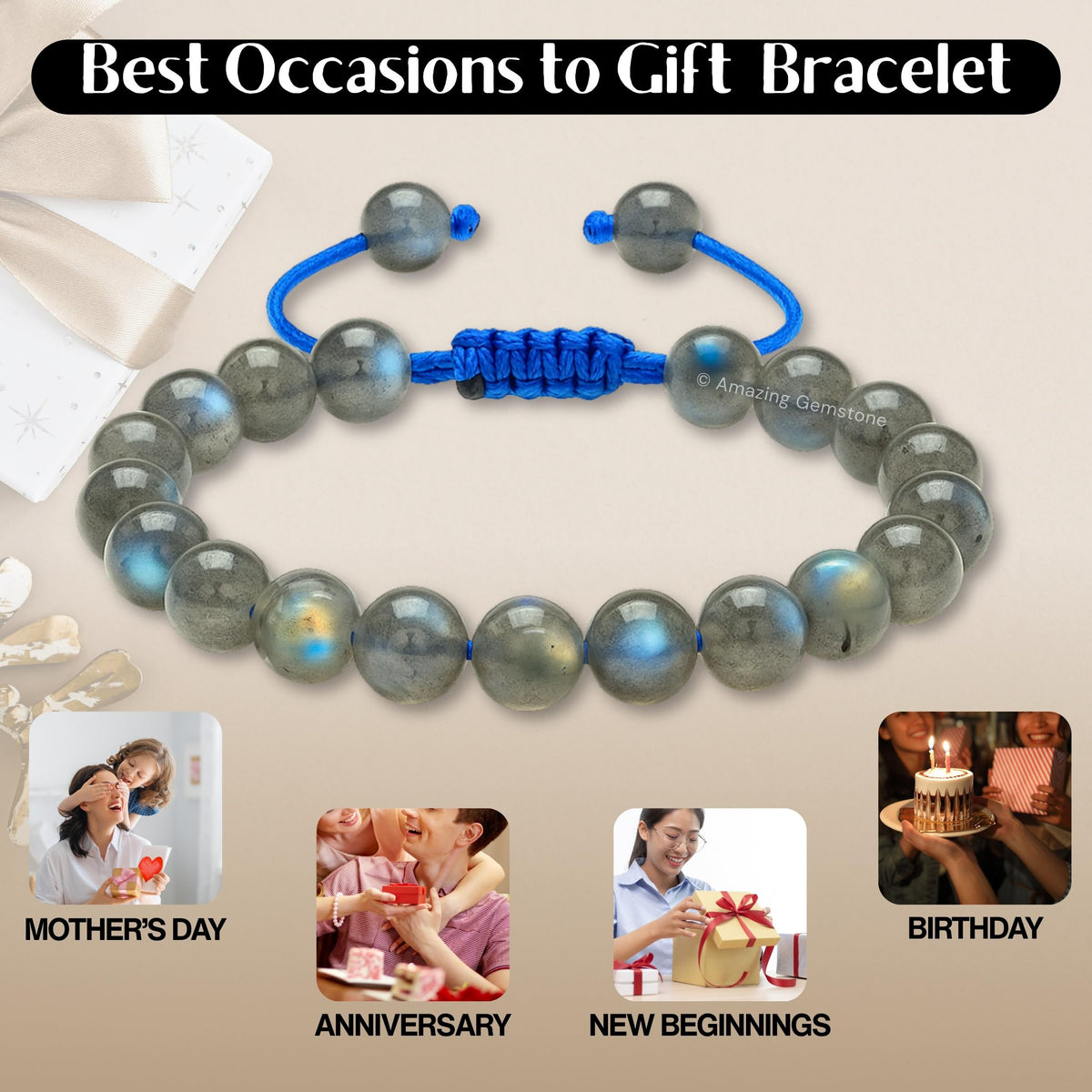 Amazing Gemstone Labradorite Bracelet, Gifts For Men & Women - Protection Healing Crystal Bracelet - 8mm Gemstone Beaded Adjustable Bracelet, Pulseras Para Hombres Mujer Stocking Stuffers