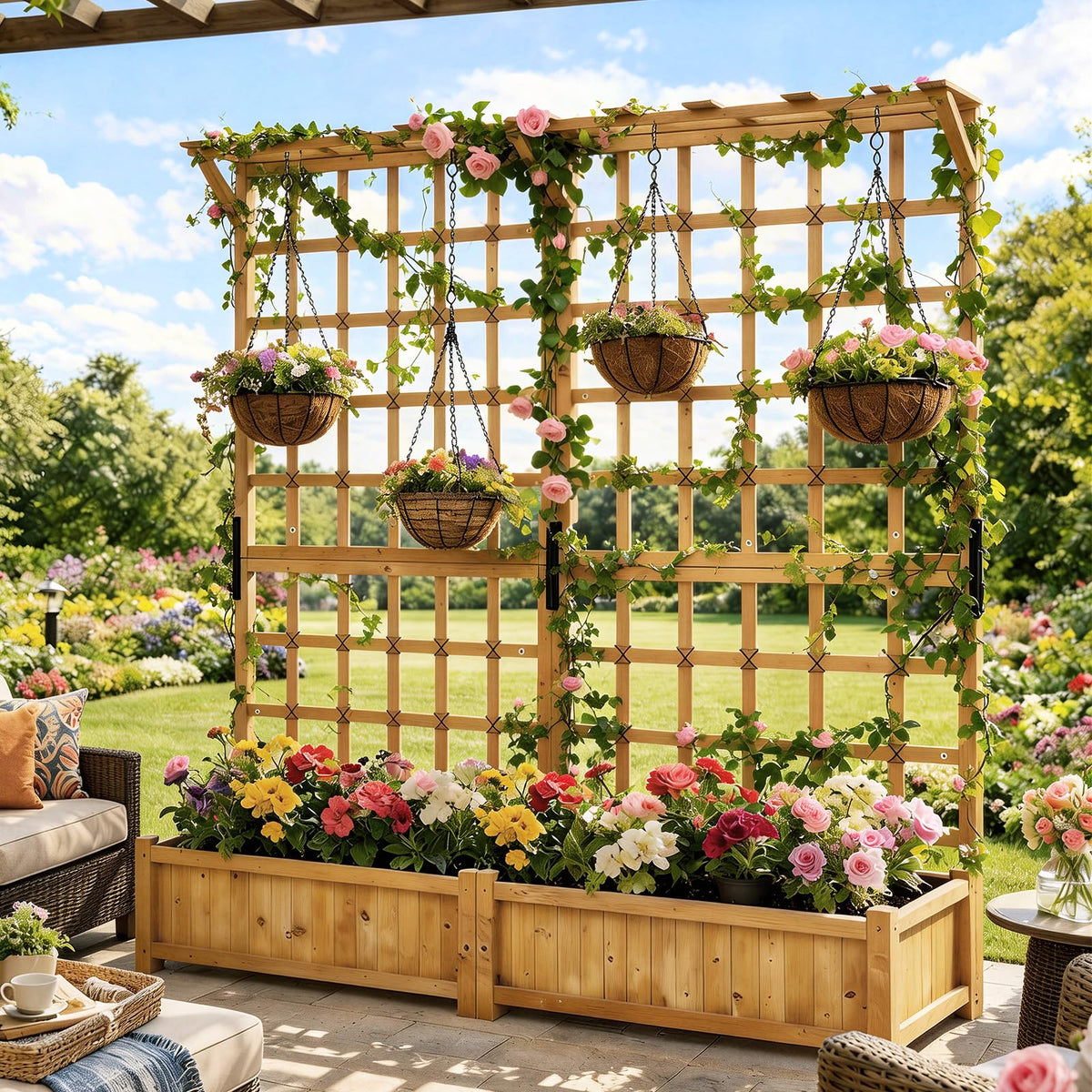 Aoxun 108" Wooden Raised Garden Bed with Trellis & Hanging Roof, 3-Piece Plant Planter Boxes for Climbing Vines, Flowers & Plants