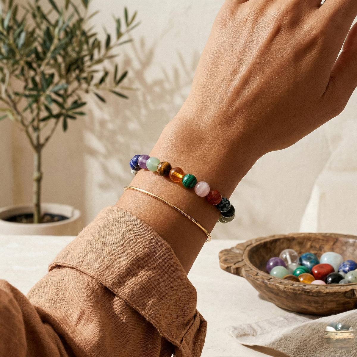 EQUBIO Natural Gemstone Chakra Bracelet Handmade Elastic Stretch Crystal Beaded Bracelet 7 Chakra Stones for Balance Yoga Meditation Spiritual Jewelry Gift for Women Men Birthday Christmas