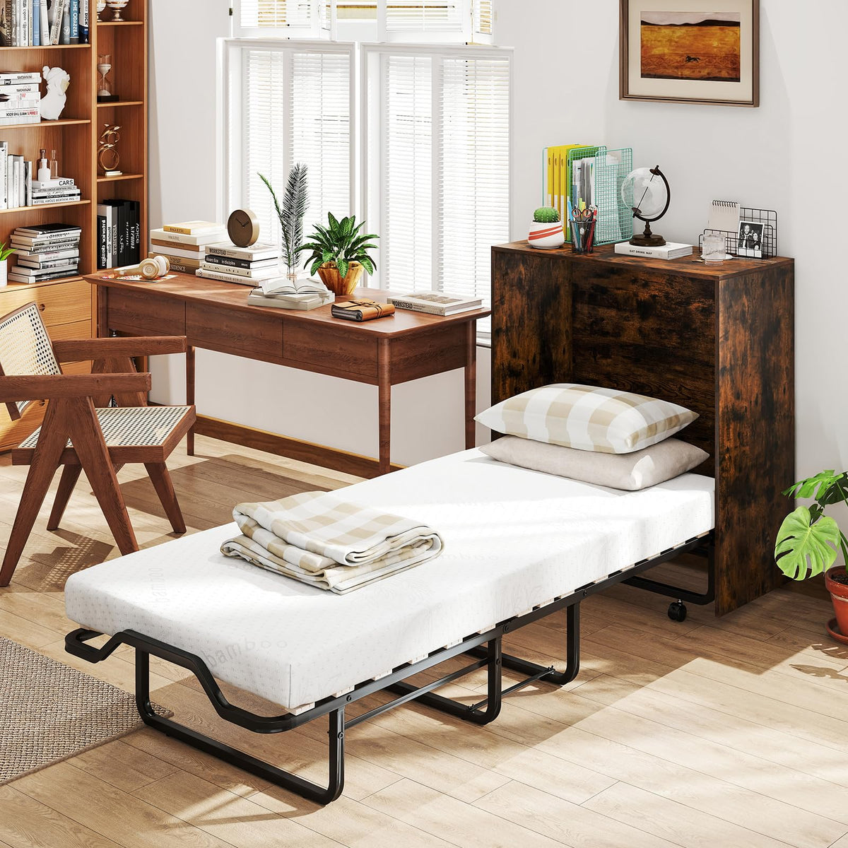 Giantex Murphy Bed Cabinet with Mattress - 74" x 31" Cot Size Folding Bed w/Storage, Metal Frame & Lockable Rolling Wheels, Space-Saving Roll Away Beds with Mattresses for Adults Guests (Rustic Brown)