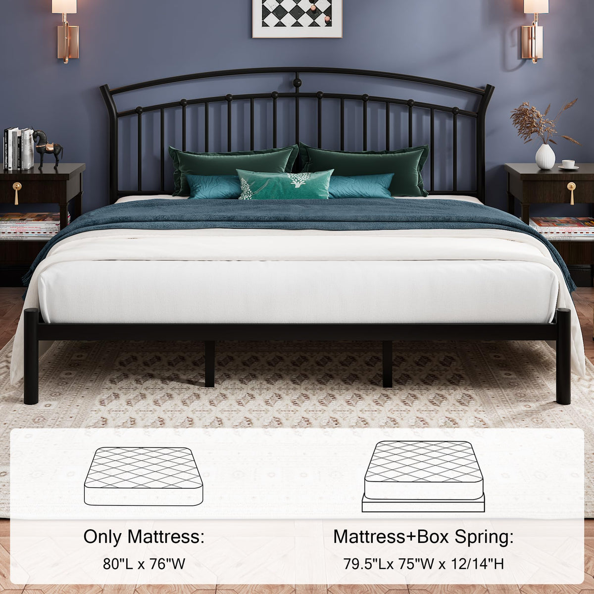 Einhomn King Size Bed Frame, Classic Black Metal Bed Frame with 12" Under-Bed Storage, Heavy Duty Steel Slat Support, Noise-Free, No Box Spring Needed, Easy Assembly