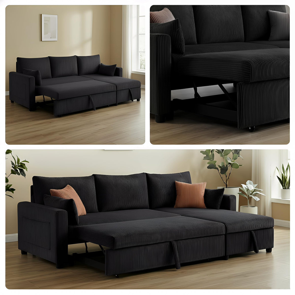 Trygoal Sectional Sleeper Sofa with Pull Out Bed, L Shape Convertible Sofa Bed Couch with Storage Chaise, 3 in 1 Pull Out Sofa Bed with 3 Seats for Living Room,Apartment, Black, 85Inch