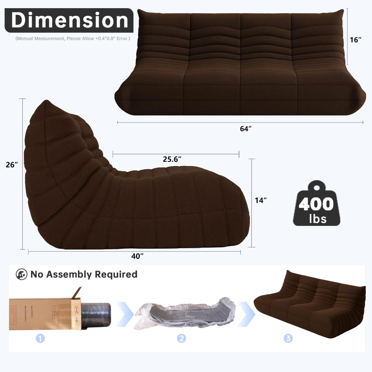 WHGBJA Bean Bag Chairs for Adults, BeanBag Reading Chair Memory Foam Couch 3-Seater, Floor Chair Soft Teddy Material, Comfy Reading Nook Chairs for Bedroom Living Room Office (Coffee)