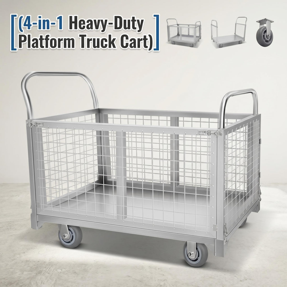 2200 LBS 4-in-1 Cart, Platform Truck Cart with maidian, 360° Direction Wheel Platform cart, Rust Resistant Steel Cage, for Grocery Store, Garage & Warehouse use