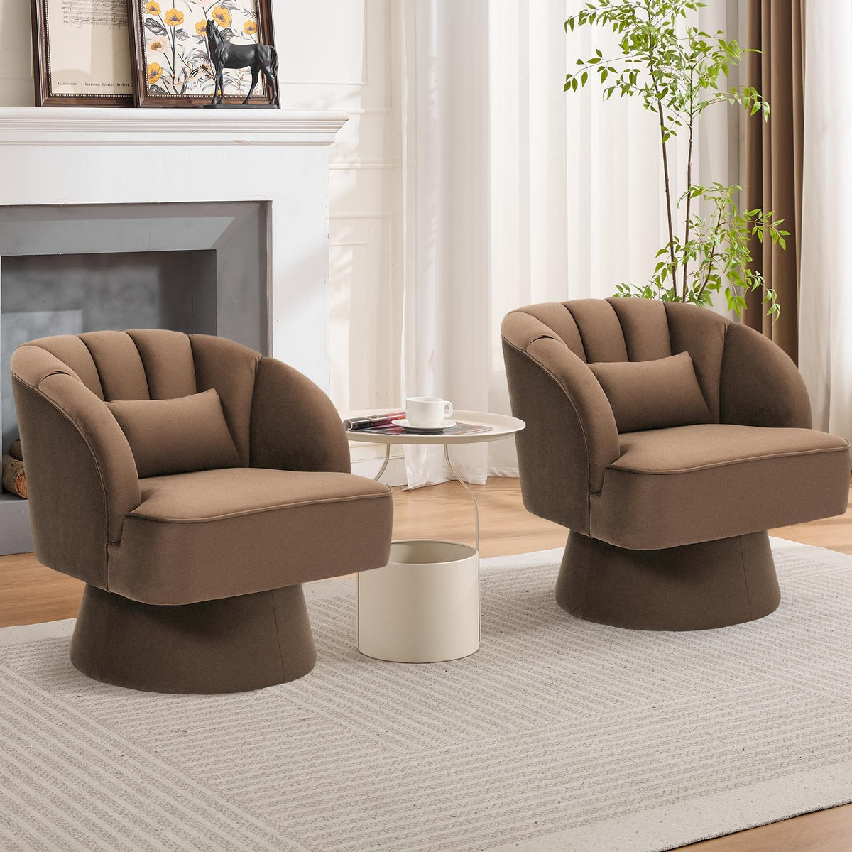 IDEALHOUSE Swivel Accent Chair with Armrests, 360° Mid Century Modern Swivel Barrel Chair, Modern Cozy Velvet Armchair for Living Room, Bedroom, Small Space, Brown