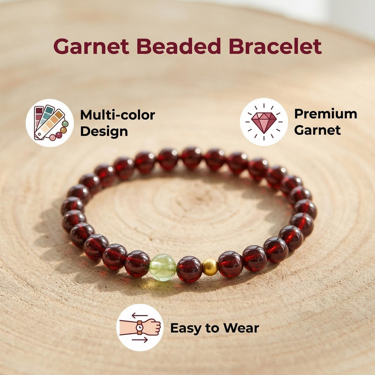 CNYTPE Garnet Bracelet for Women – Red Garnet Jewelry, Healing Crystal Bracelet, Handmade Gemstone Jewelry, Symbol of Love, Happiness & Harmony (Garnet + Prehnite Bracelet)