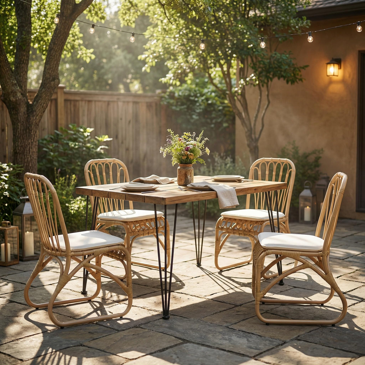 Christopher Knight Home Busby Acacia Wood Patio Dining Set for 4, Square Patio Dining Table and PE Wicker Chairs Set of 4, 5 Piece Outdoor Dining Set with Cushion, Teak+Light Beige