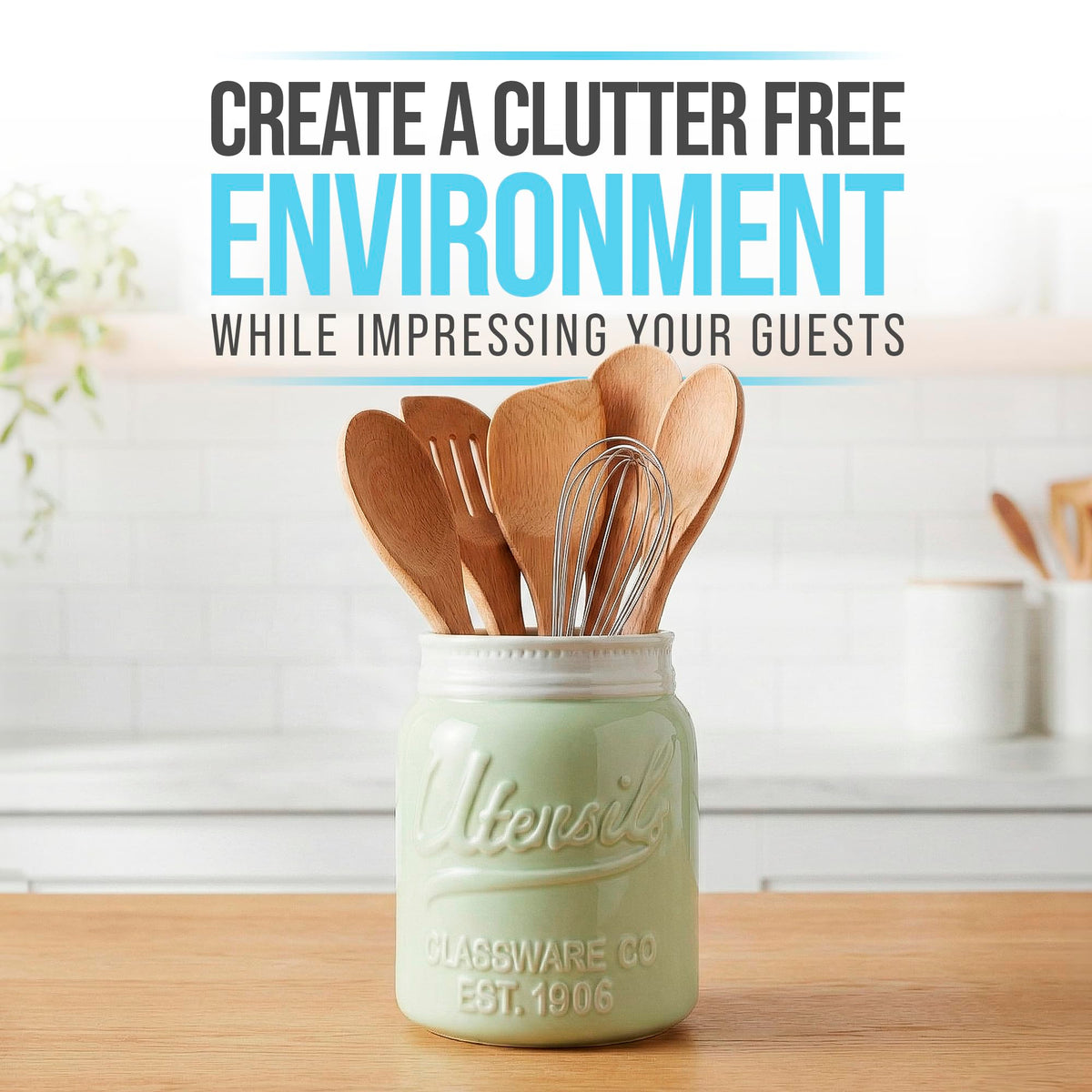 Comfify Wide Mouth Mason Jar Utensil Holder Decorative Kitchenware Organizer Crock, Dishwasher Safe - Kitchen Caddy Green, Large Size 7" Hight
